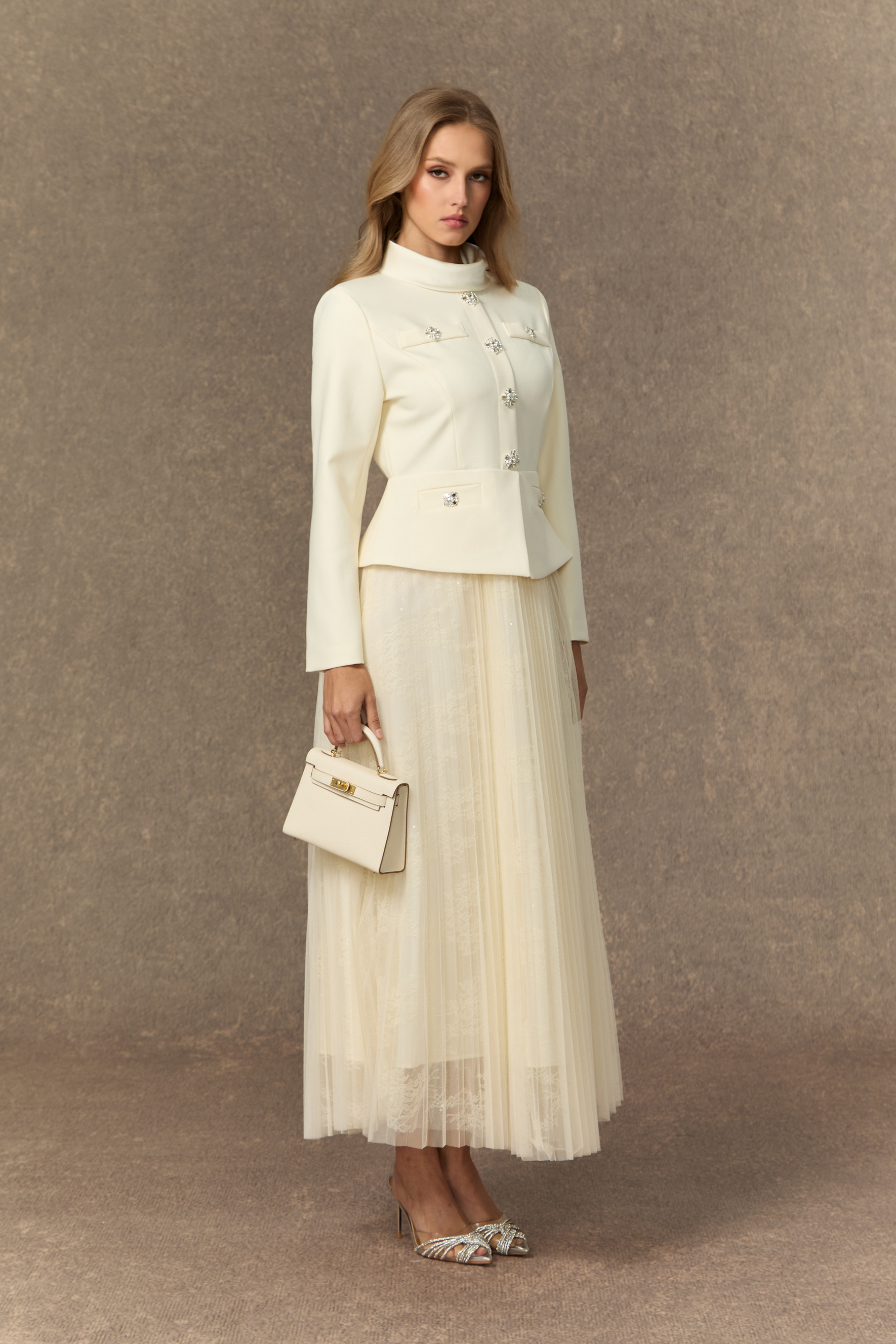 Daydream Darling White Rhinestone Embellished Jacket & Pleated Skirt Set