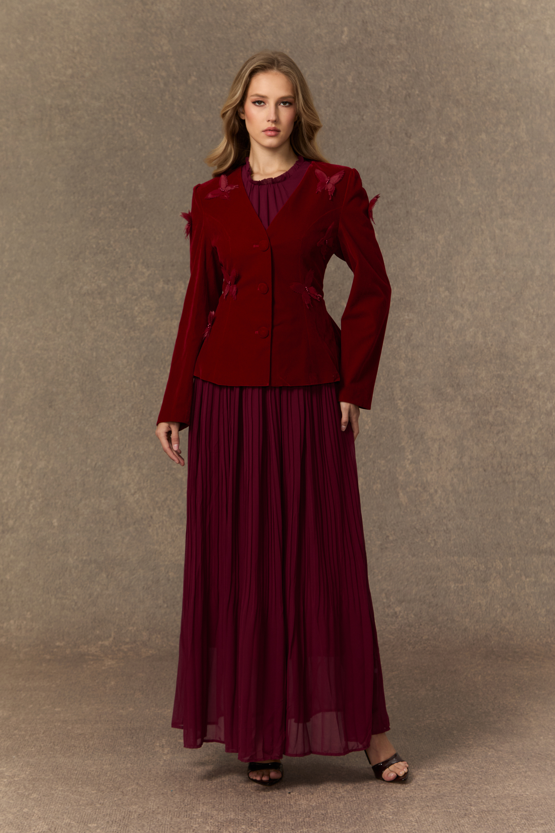 Graceful Midnight Black Butterfly Applique Jacket & Pleated Dress Set