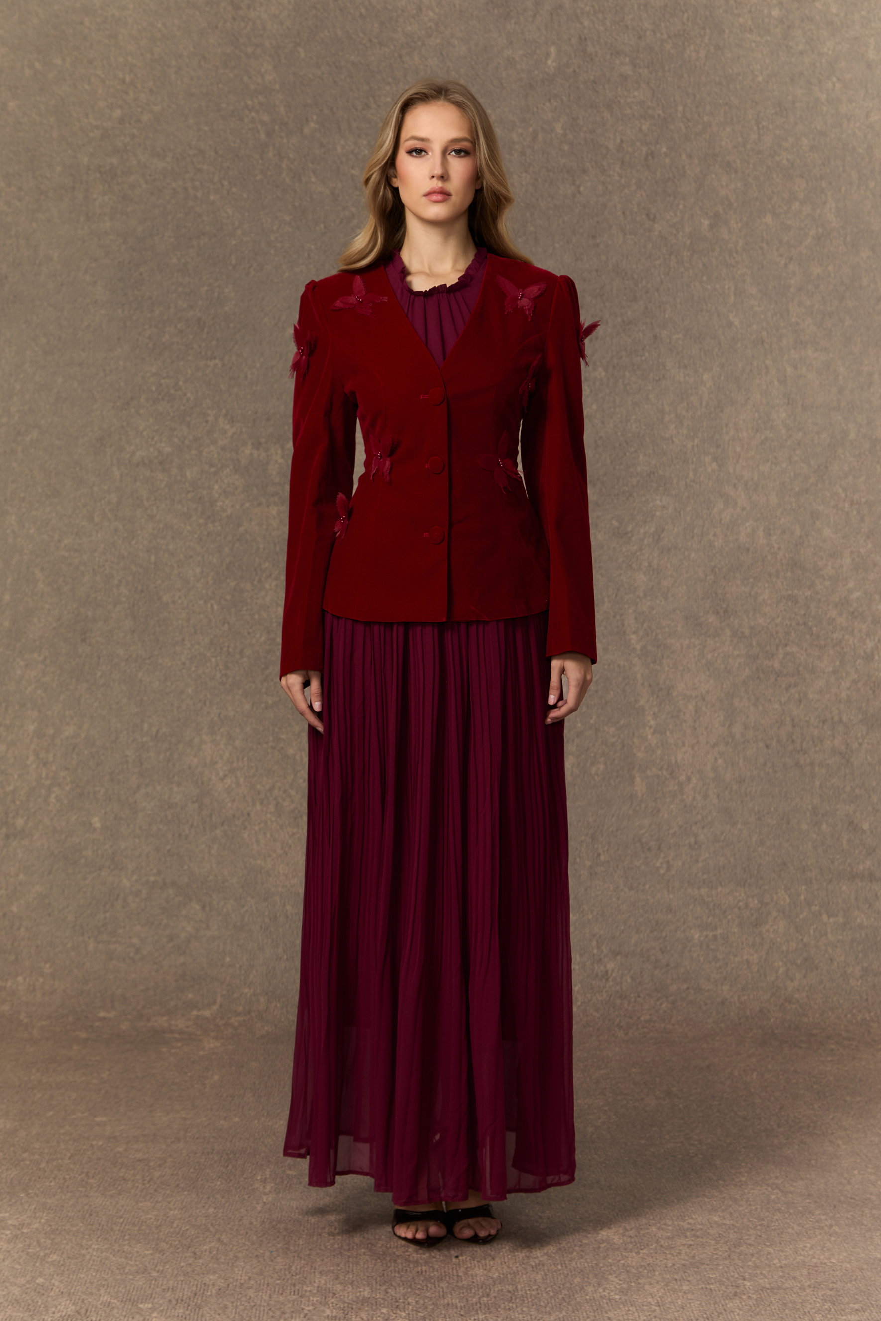 Graceful Midnight Black Butterfly Applique Jacket & Pleated Dress Set