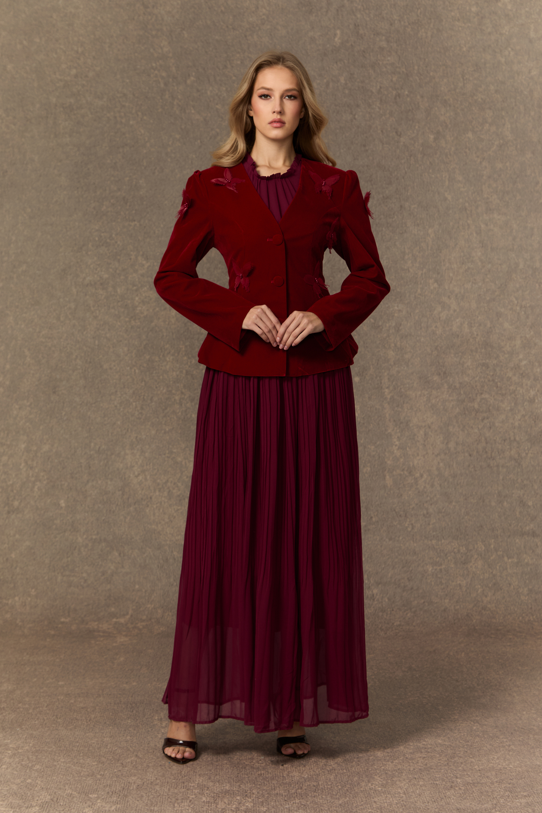 Graceful Midnight Black Butterfly Applique Jacket & Pleated Dress Set