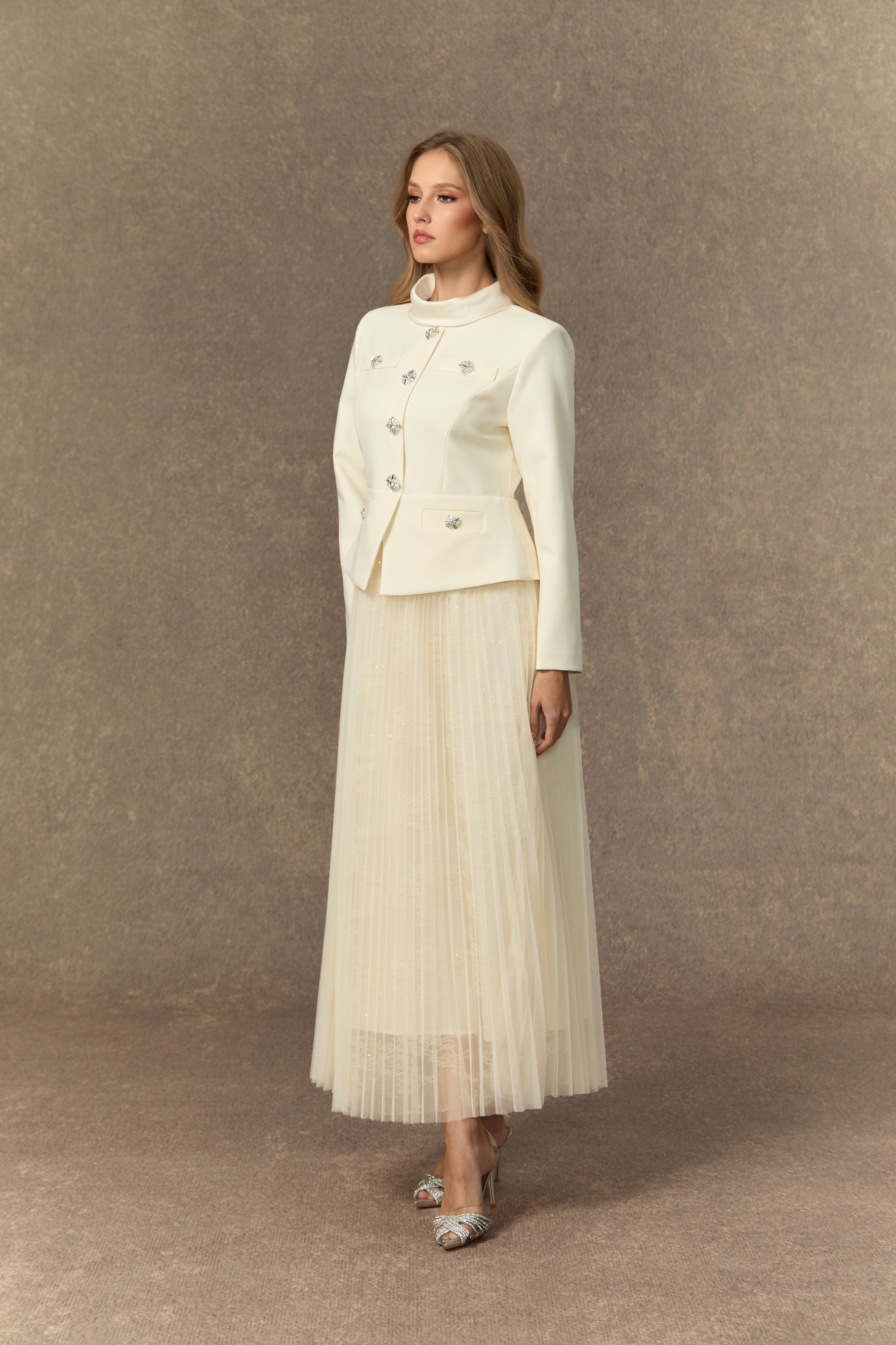 Daydream Darling White Rhinestone Embellished Jacket & Pleated Skirt Set