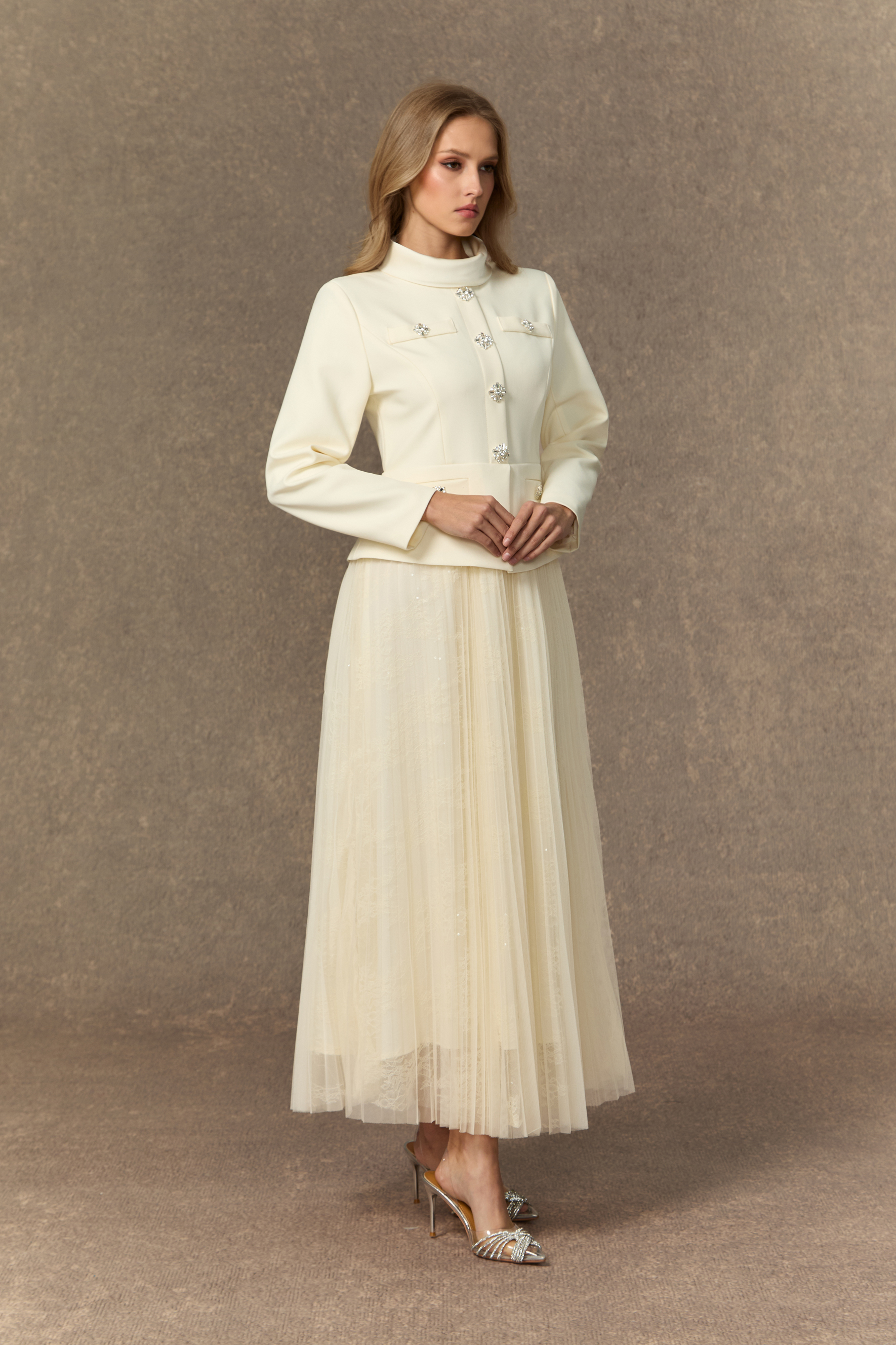 Daydream Darling White Rhinestone Embellished Jacket & Pleated Skirt Set