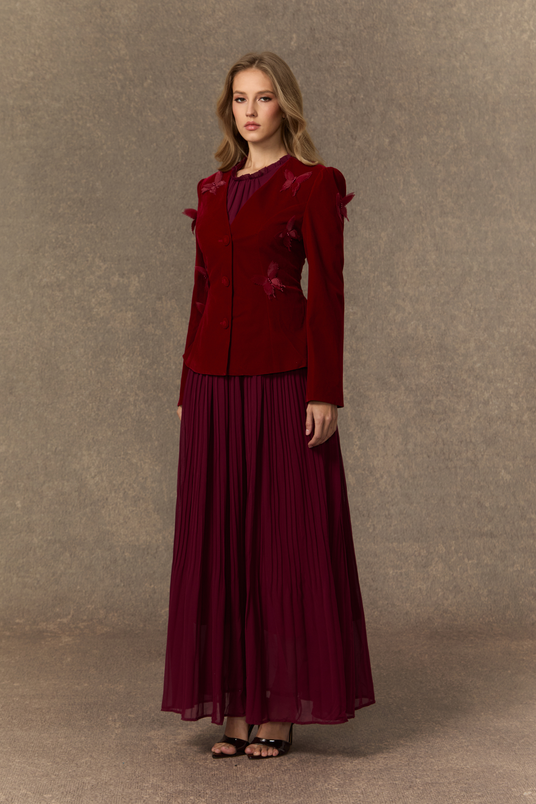 Graceful Midnight Black Butterfly Applique Jacket & Pleated Dress Set