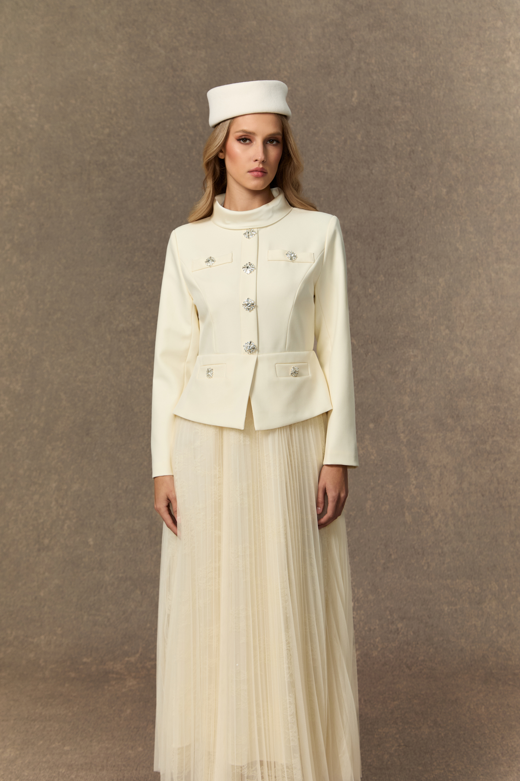 Daydream Darling White Rhinestone Embellished Jacket & Pleated Skirt Set