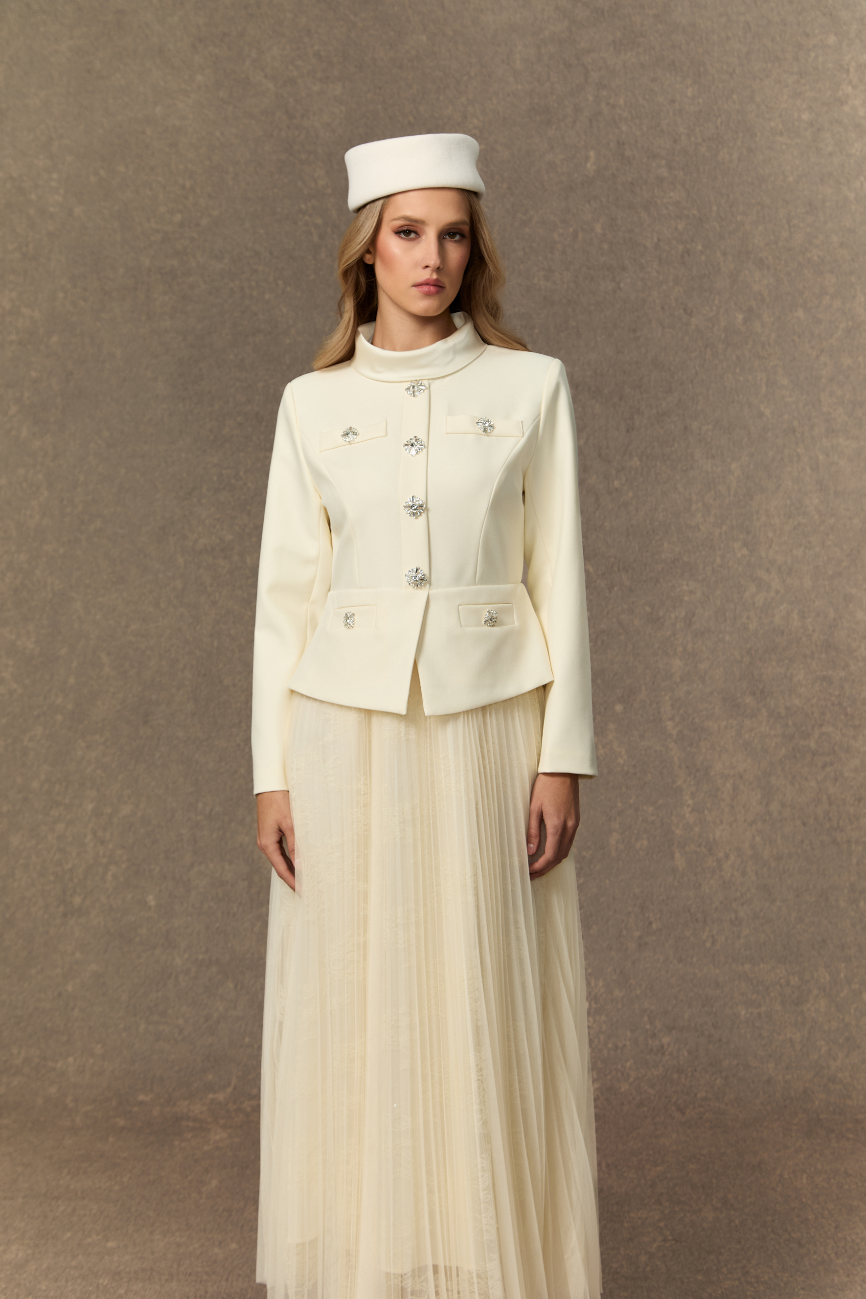 Daydream Darling White Rhinestone Embellished Jacket & Pleated Skirt Set