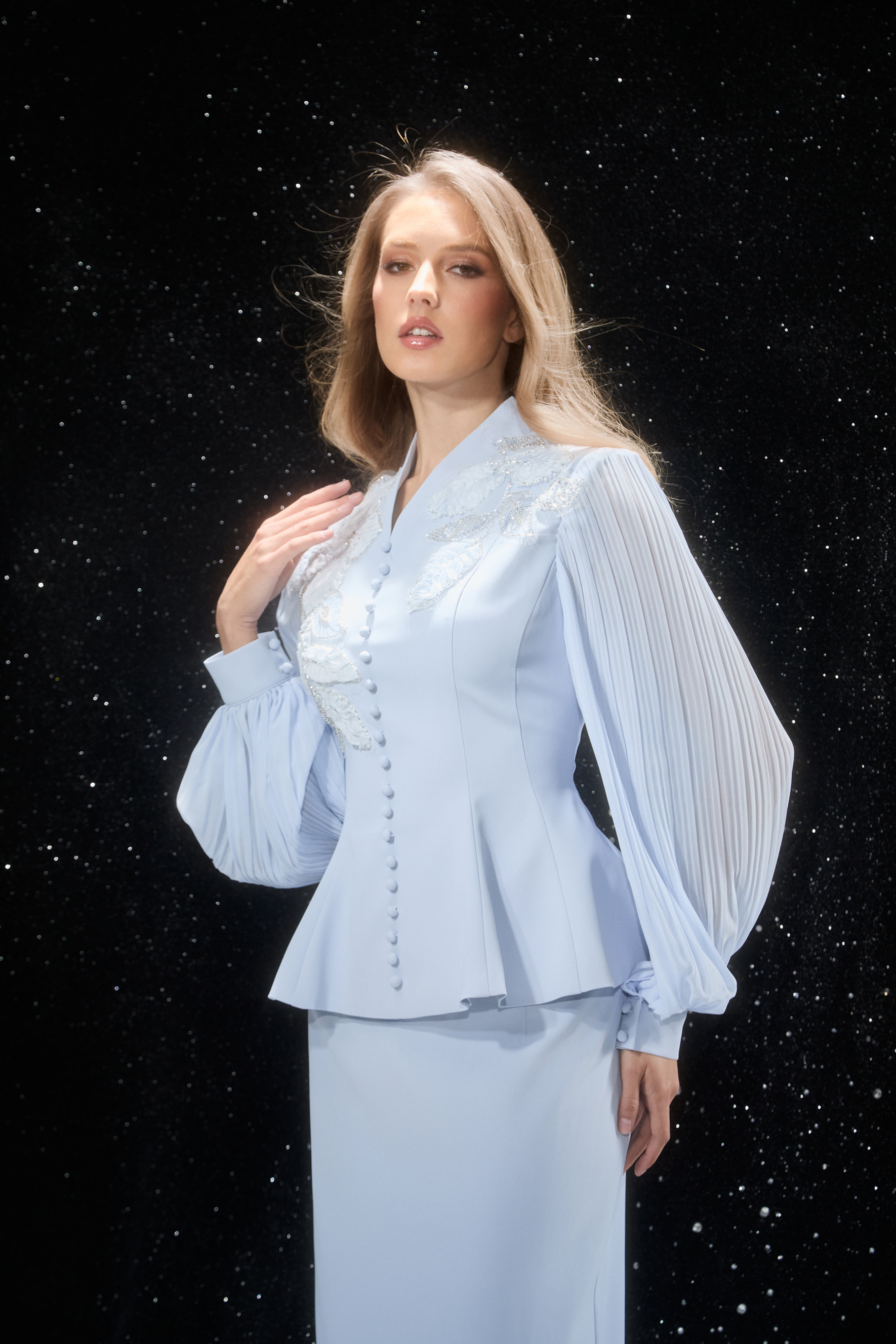 Confident Sensation Blue Floral Embroidery Pleated Sleeve Skirt Set