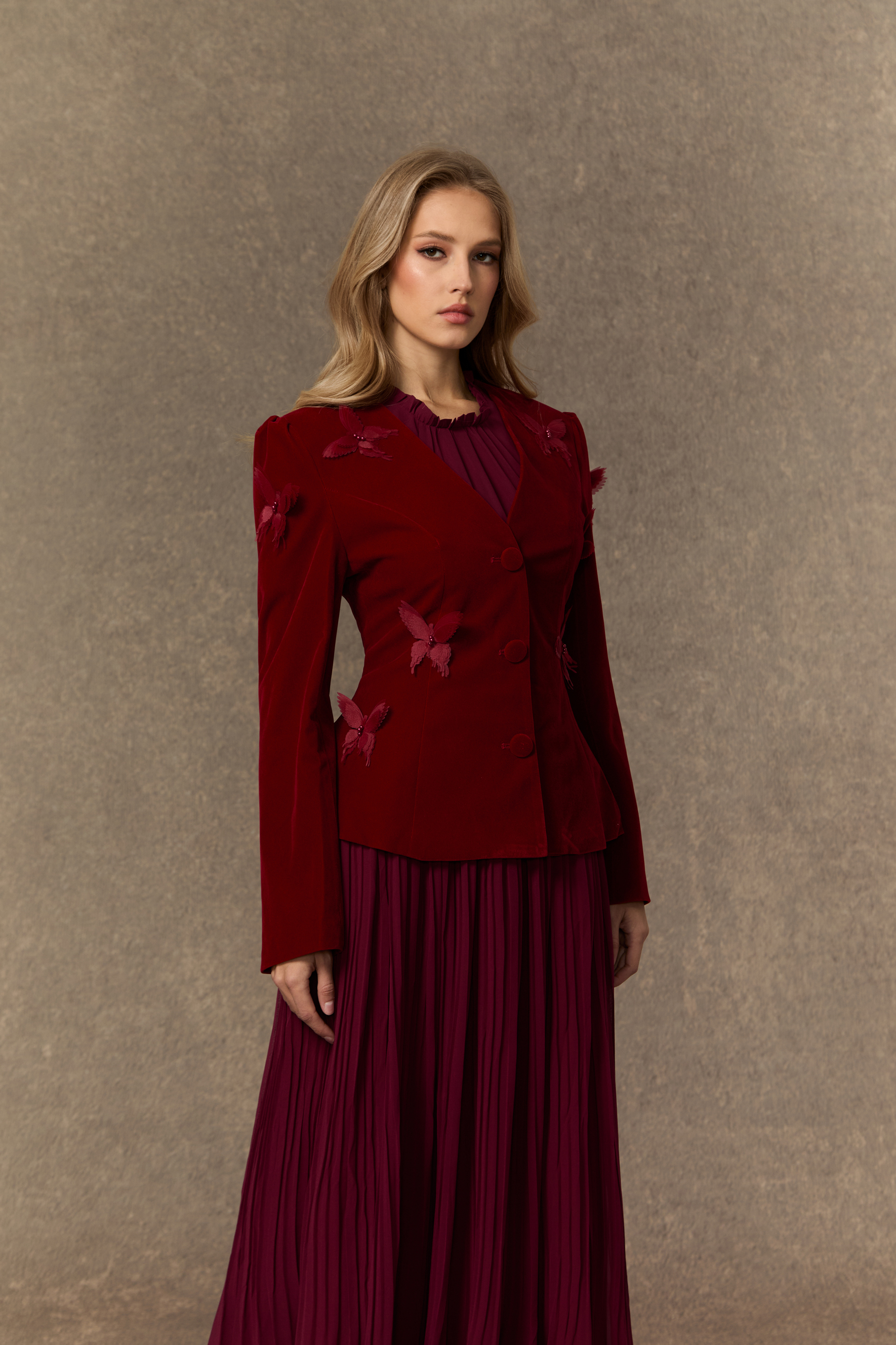 Graceful Midnight Black Butterfly Applique Jacket & Pleated Dress Set