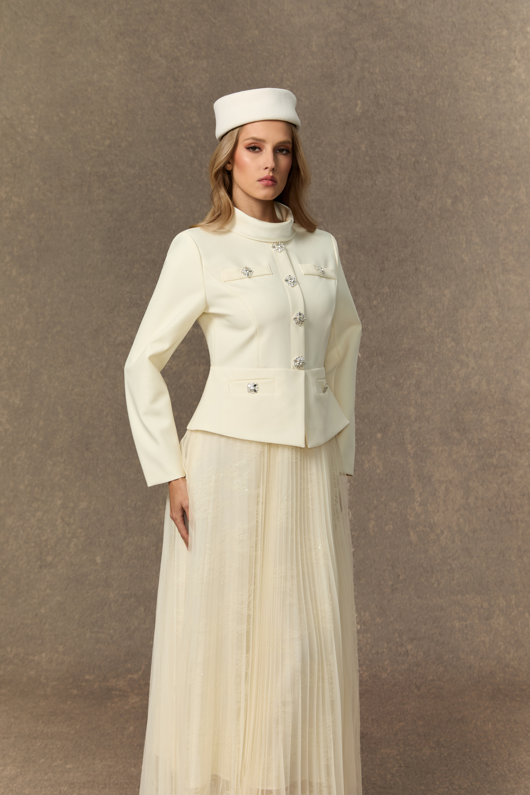Daydream Darling White Rhinestone Embellished Jacket & Pleated Skirt Set