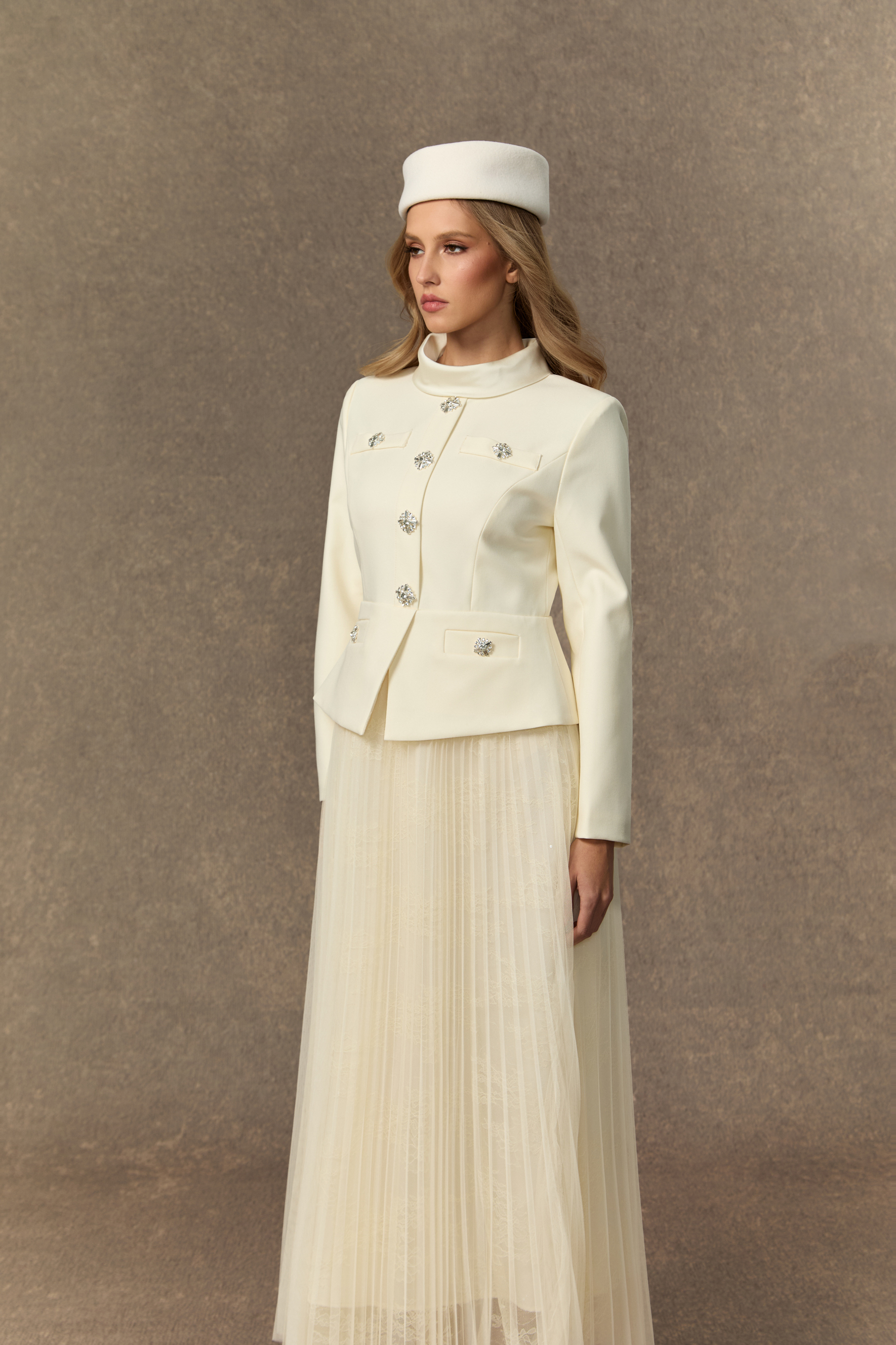 Daydream Darling White Rhinestone Embellished Jacket & Pleated Skirt Set