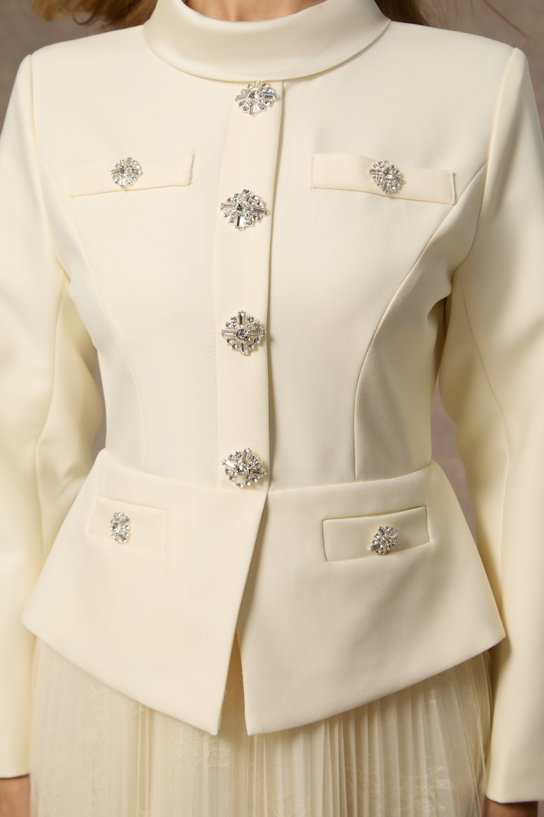 Daydream Darling White Rhinestone Embellished Jacket & Pleated Skirt Set