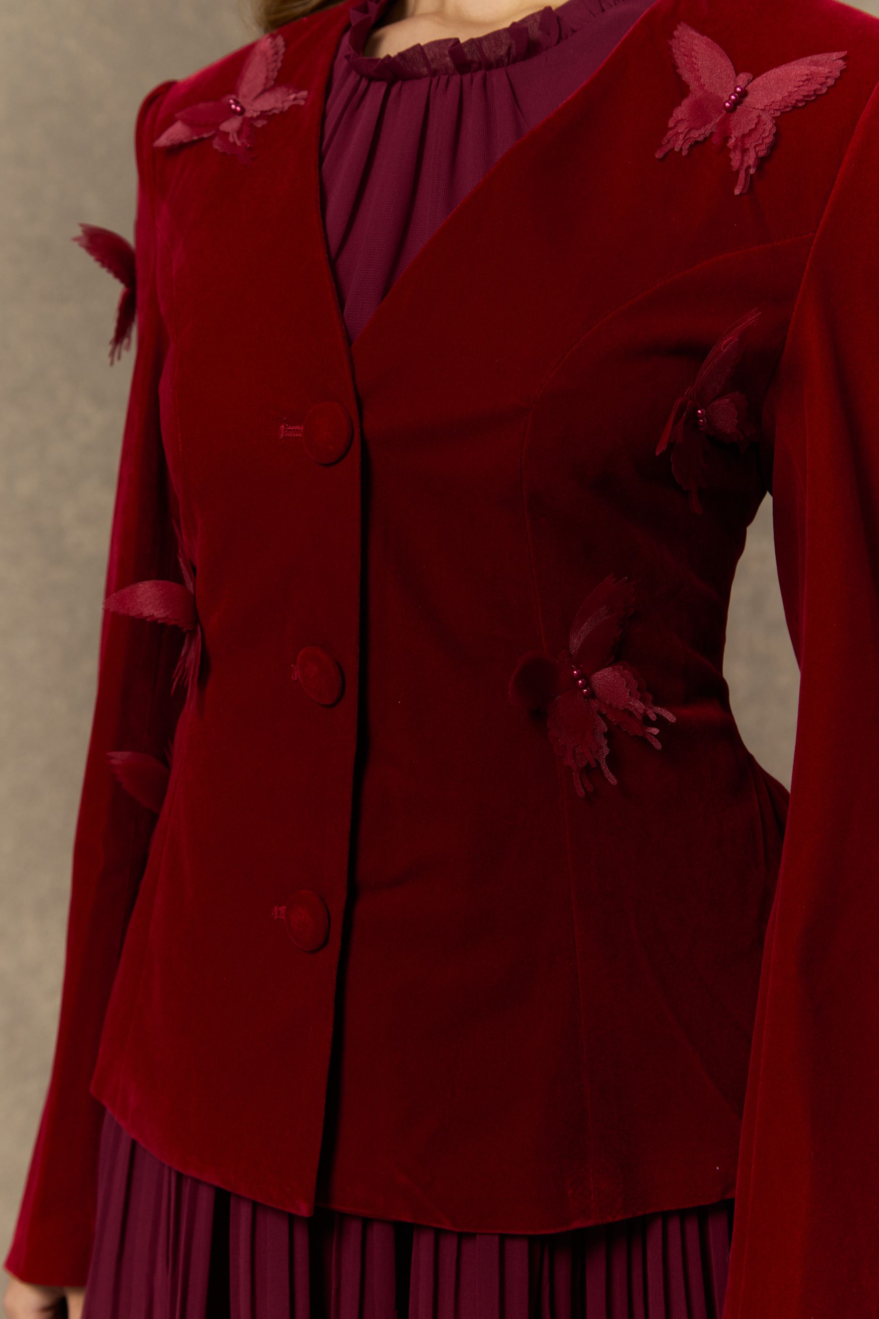 Graceful Midnight Black Butterfly Applique Jacket & Pleated Dress Set