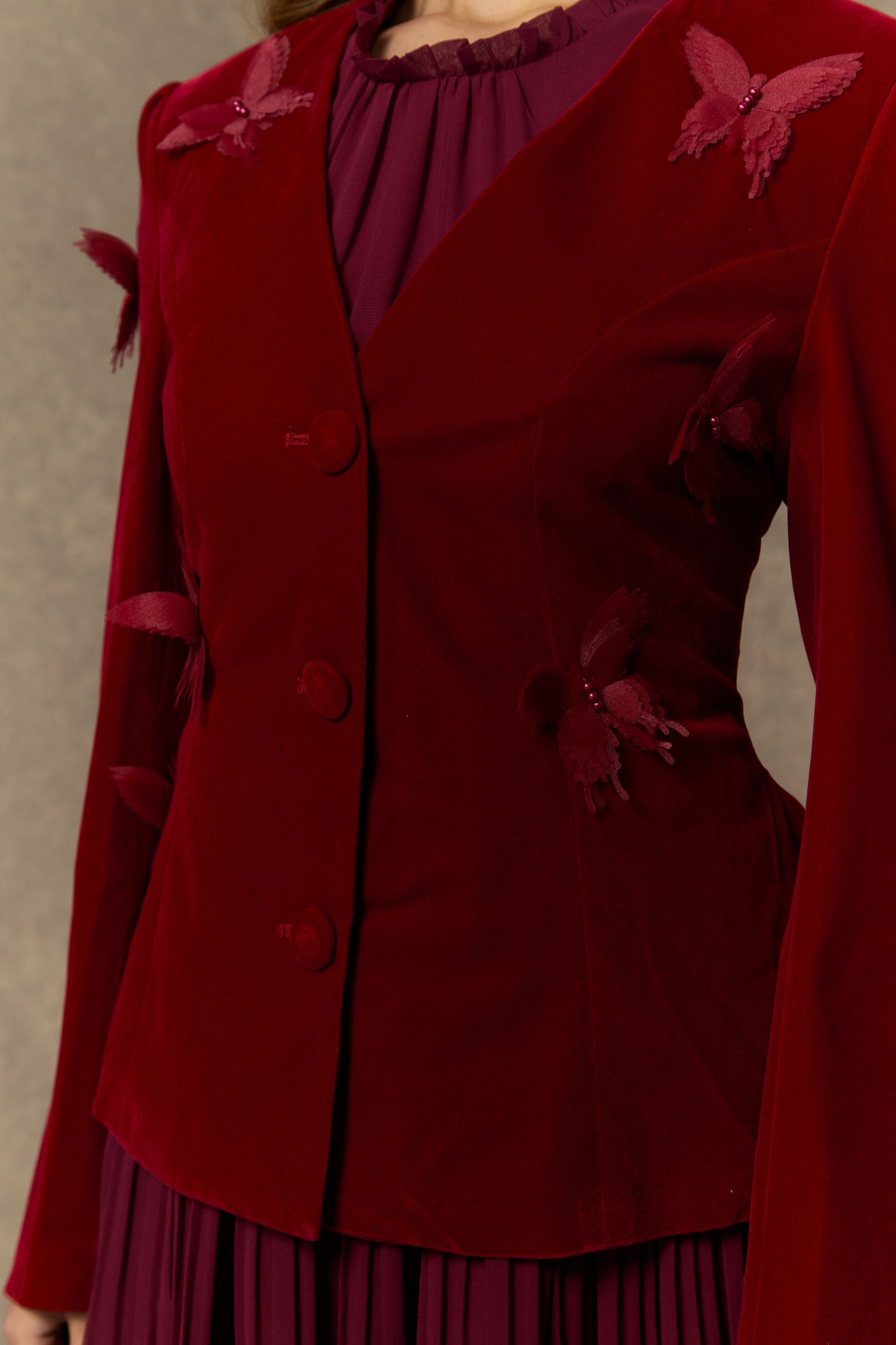 Graceful Midnight Black Butterfly Applique Jacket & Pleated Dress Set