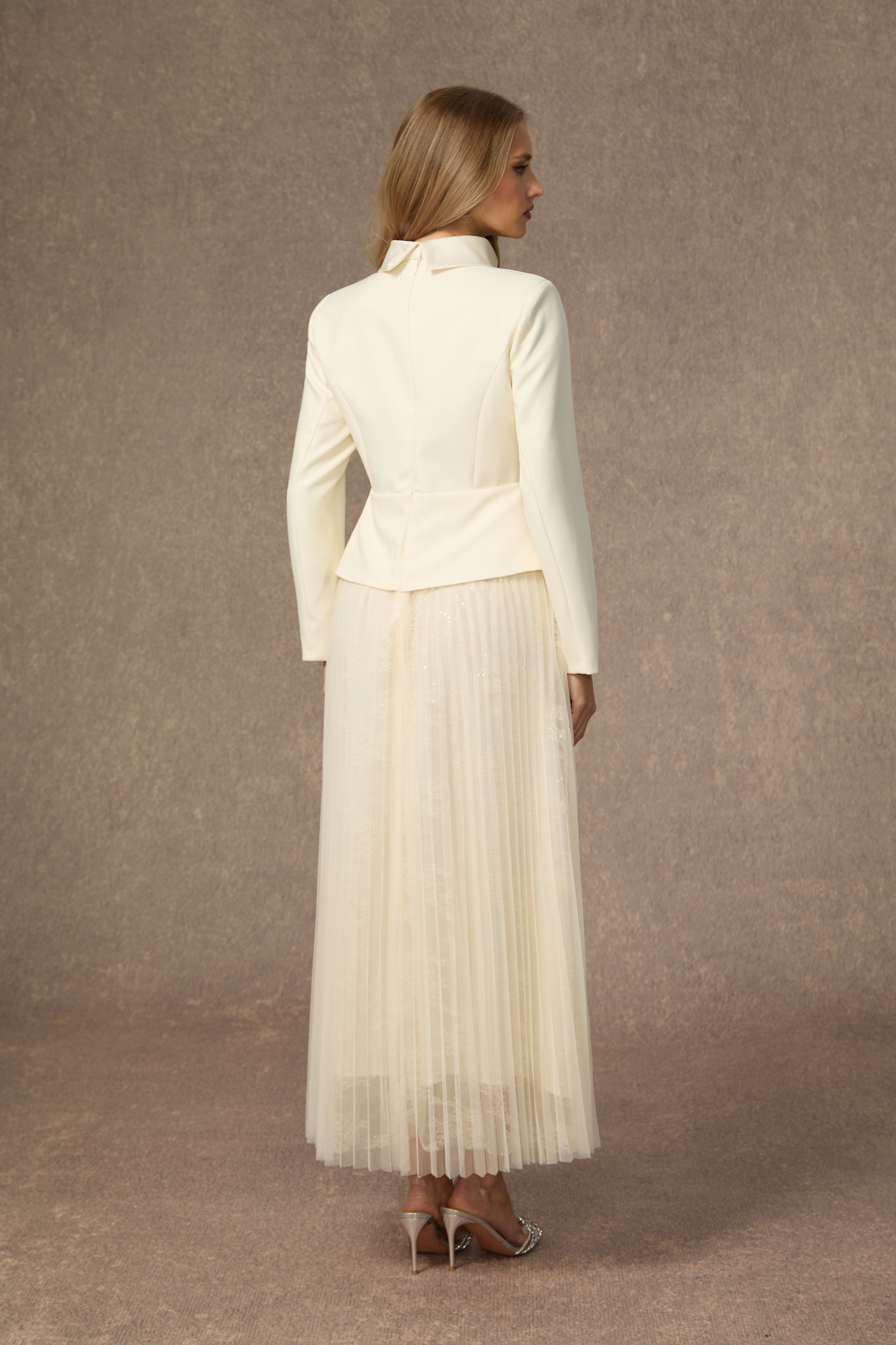 Daydream Darling White Rhinestone Embellished Jacket & Pleated Skirt Set