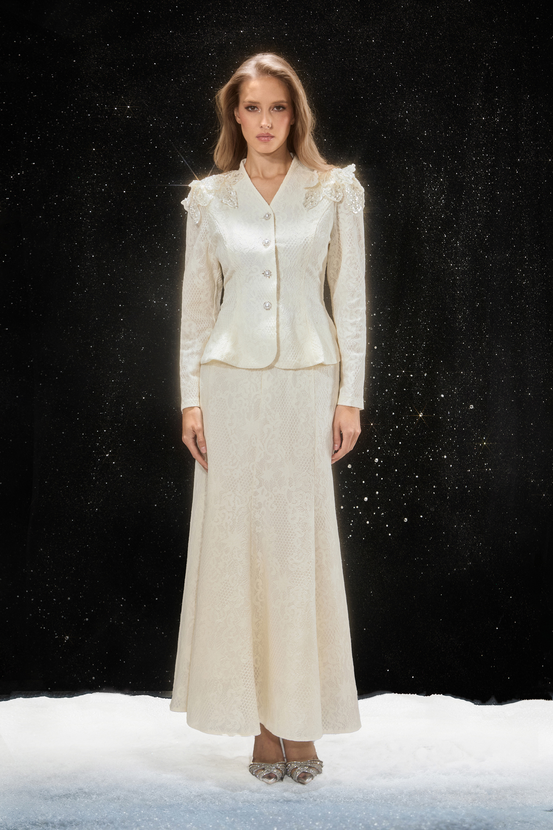 Romance Dreamer White V-Neck Embroidered Lace Jacket & Skirt Set