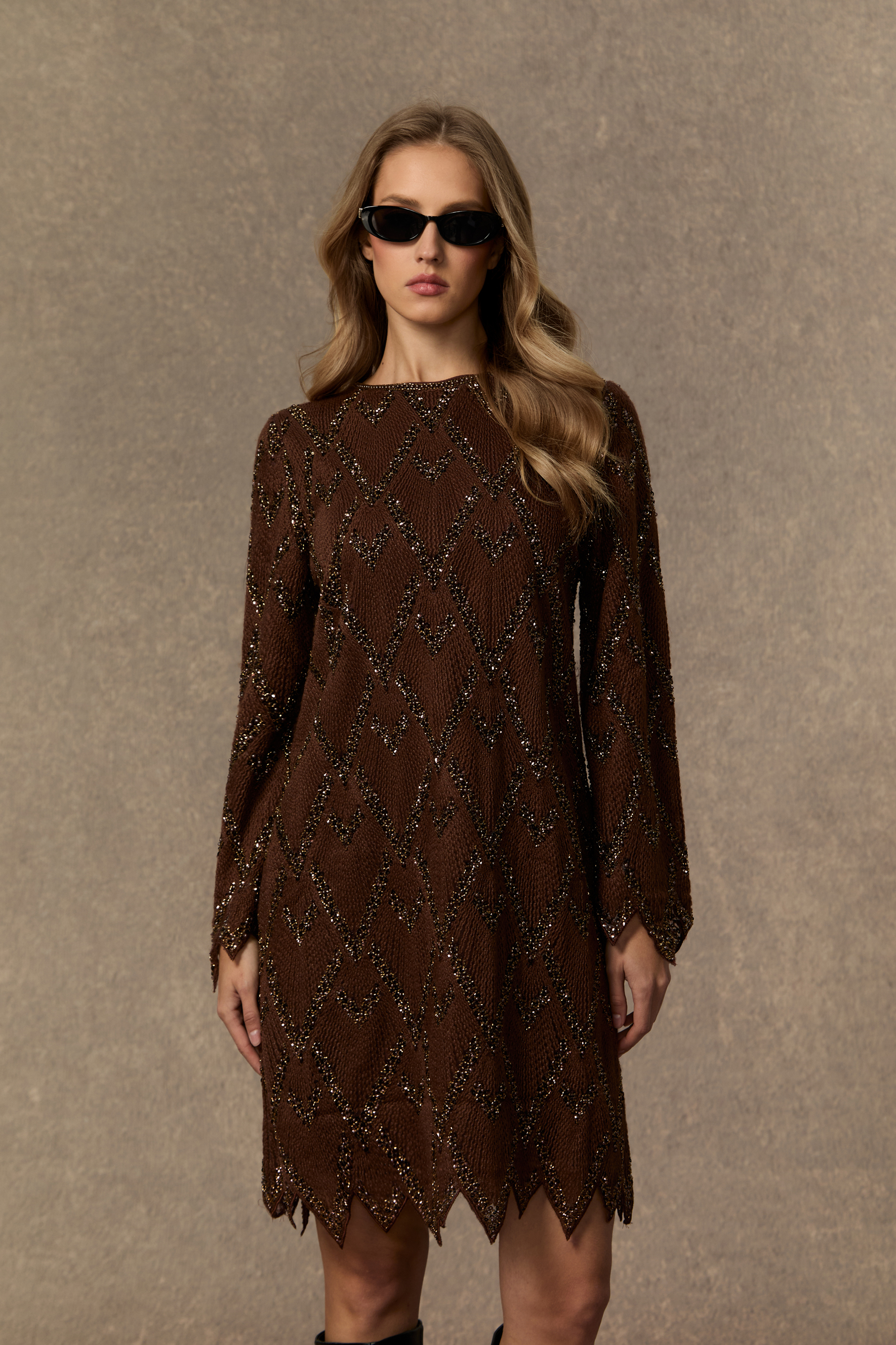 Warm Emotions Brown Sequin Checked Midi Dress