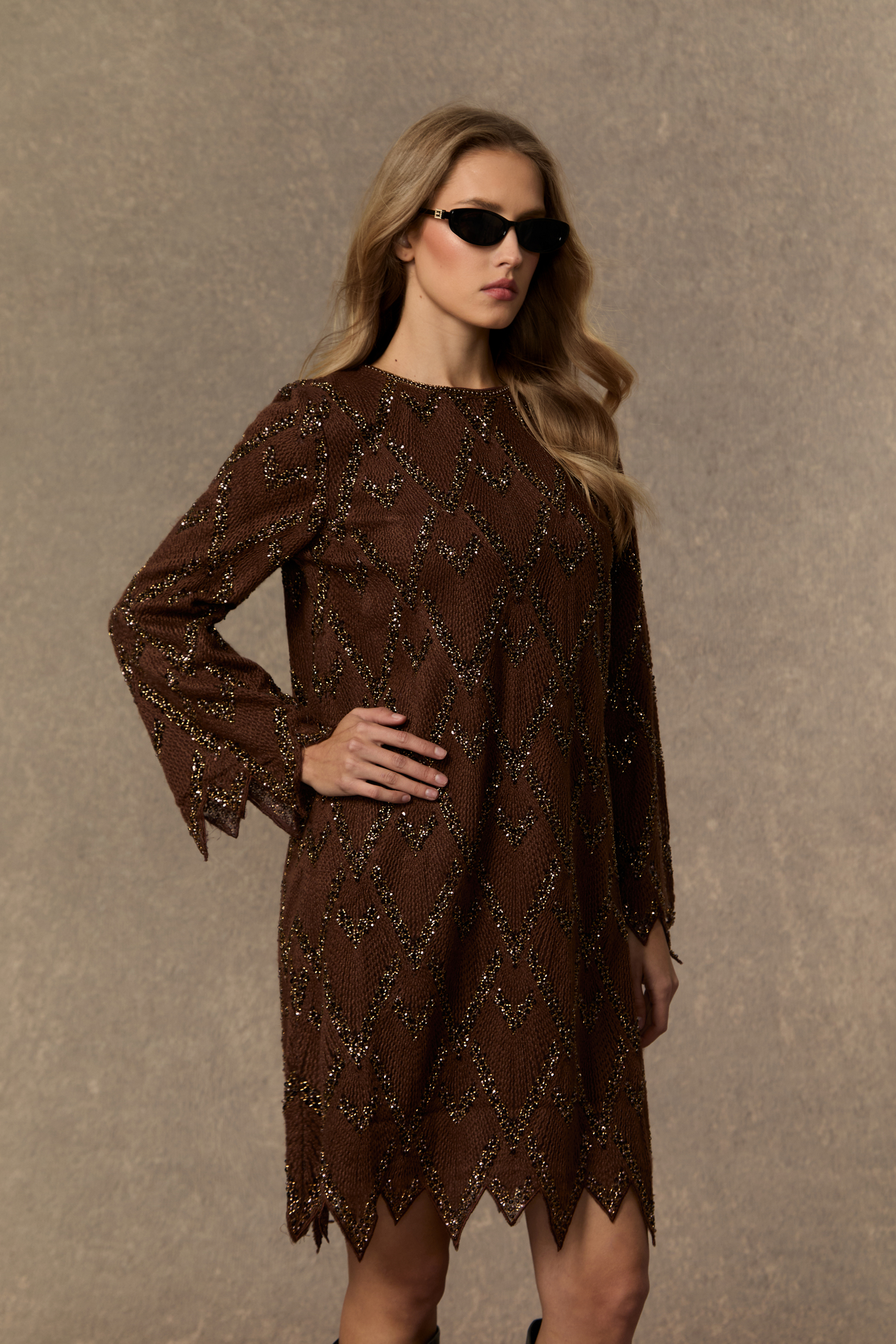 Warm Emotions Brown Sequin Checked Midi Dress