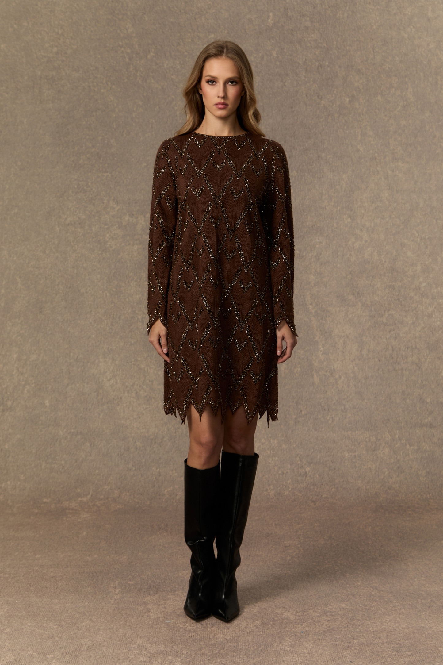 Warm Emotions Brown Sequin Checked Midi Dress