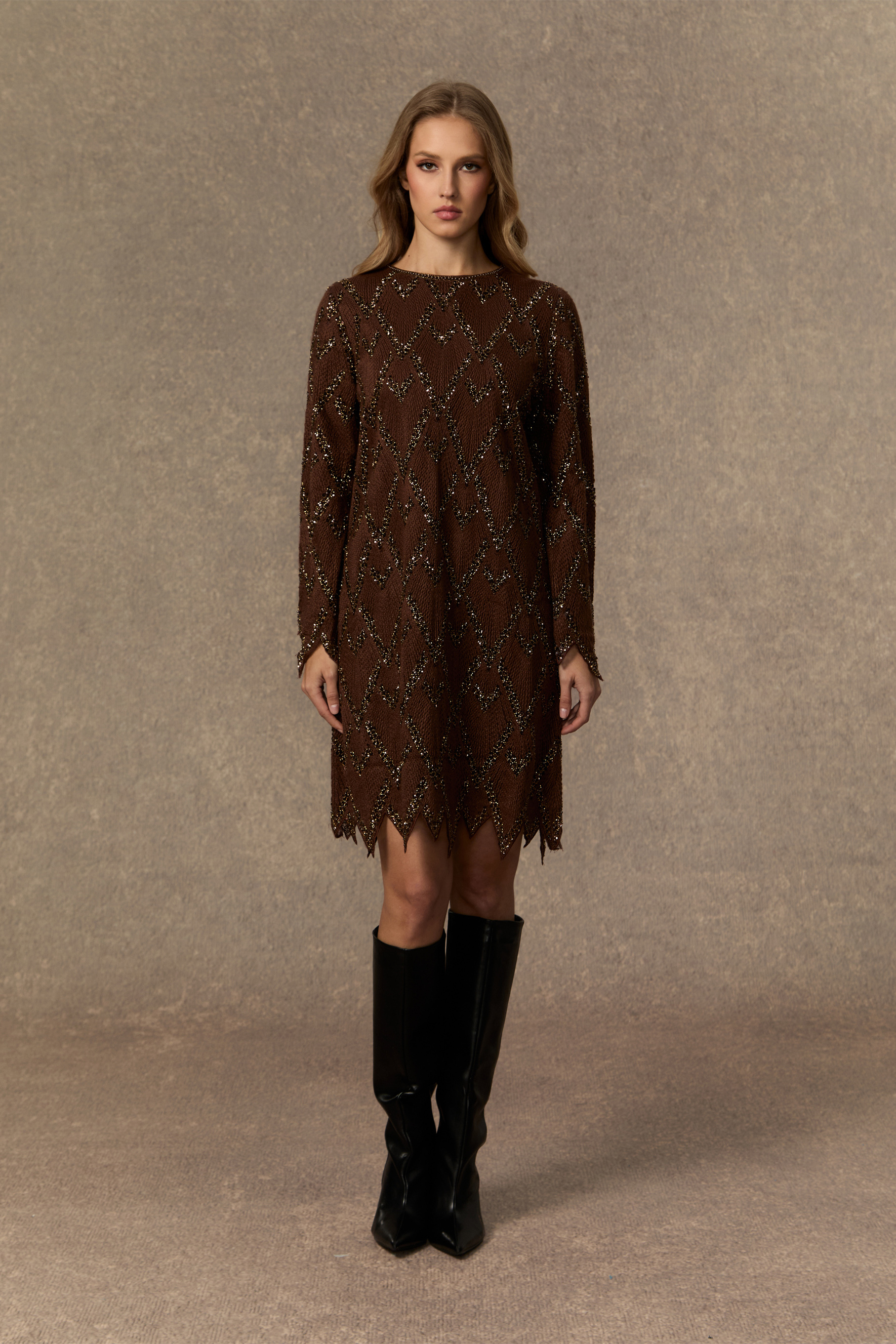 Warm Emotions Brown Sequin Checked Midi Dress