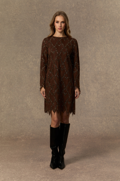 Warm Emotions Brown Sequin Checked Midi Dress