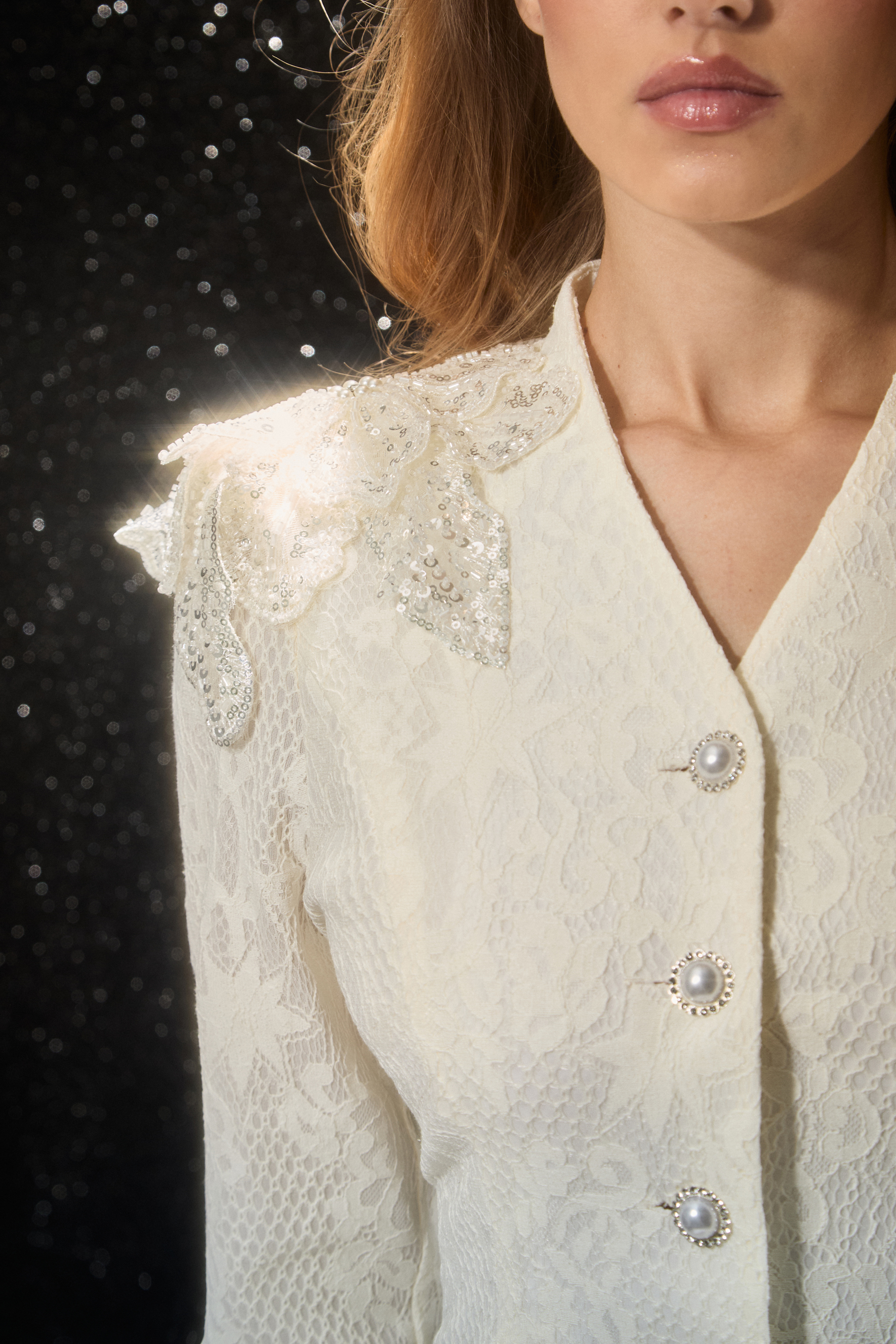 Romance Dreamer White V-Neck Embroidered Lace Jacket & Skirt Set