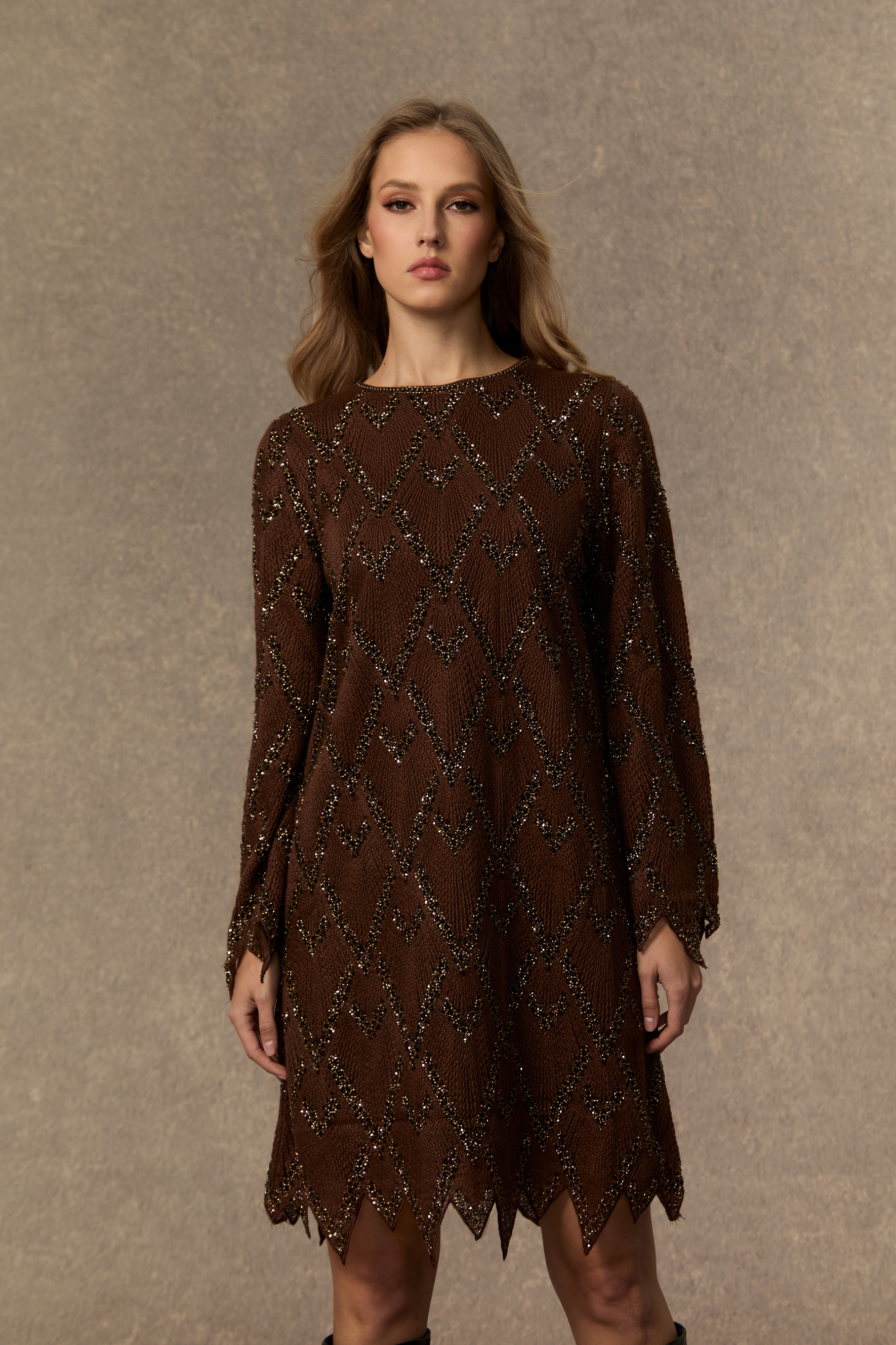 Warm Emotions Brown Sequin Checked Midi Dress