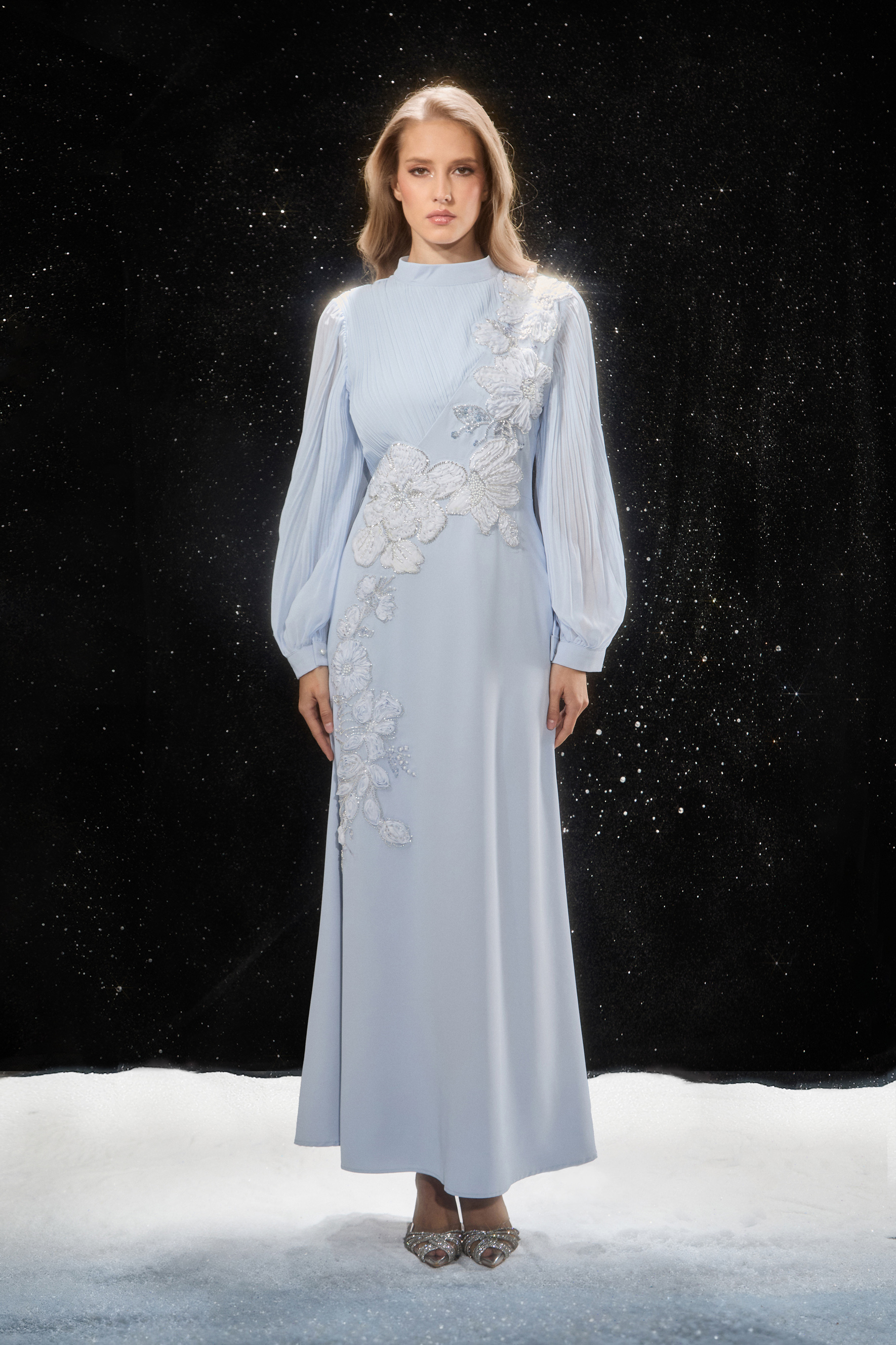 Signature Elegance Blue Floral Applique Pleated Sleeve Maxi Dress