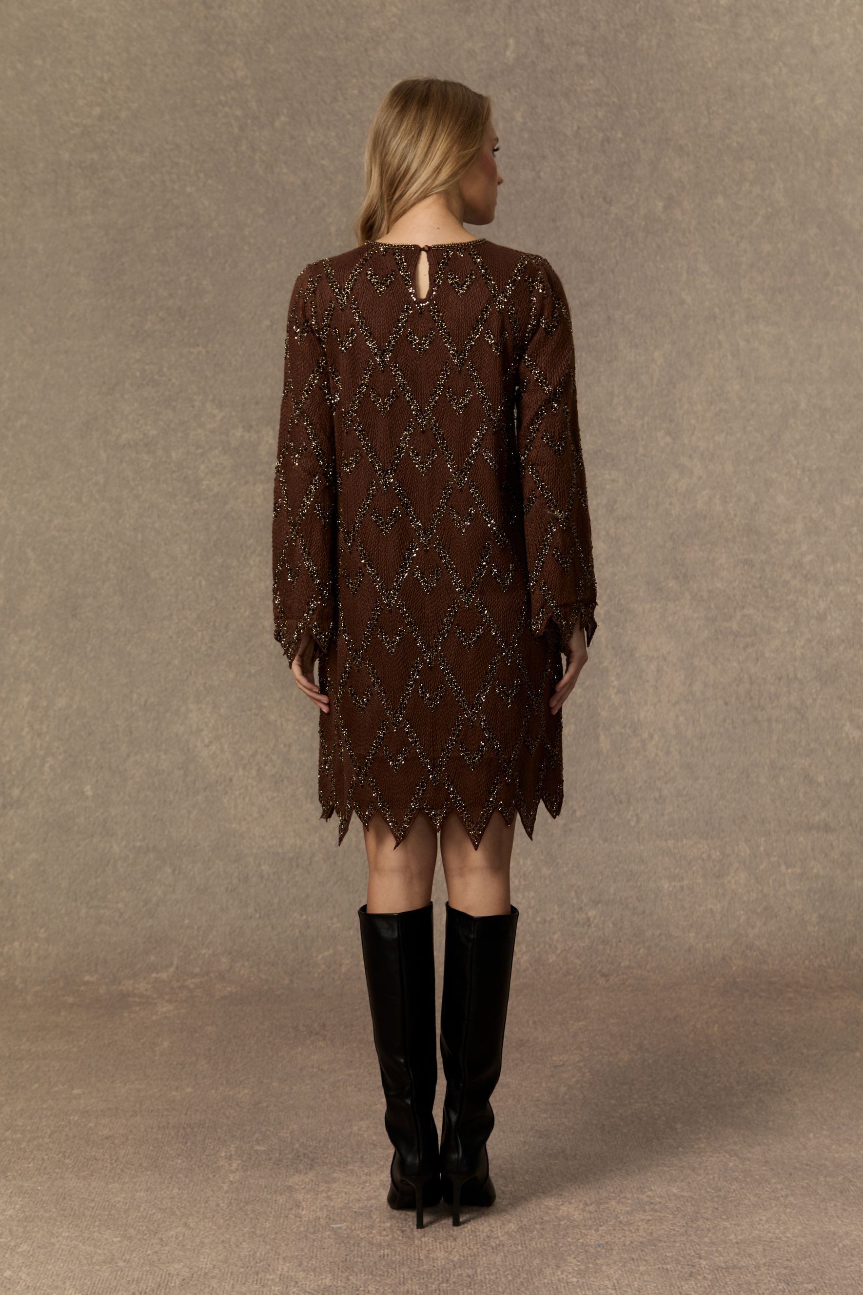 Warm Emotions Brown Sequin Checked Midi Dress