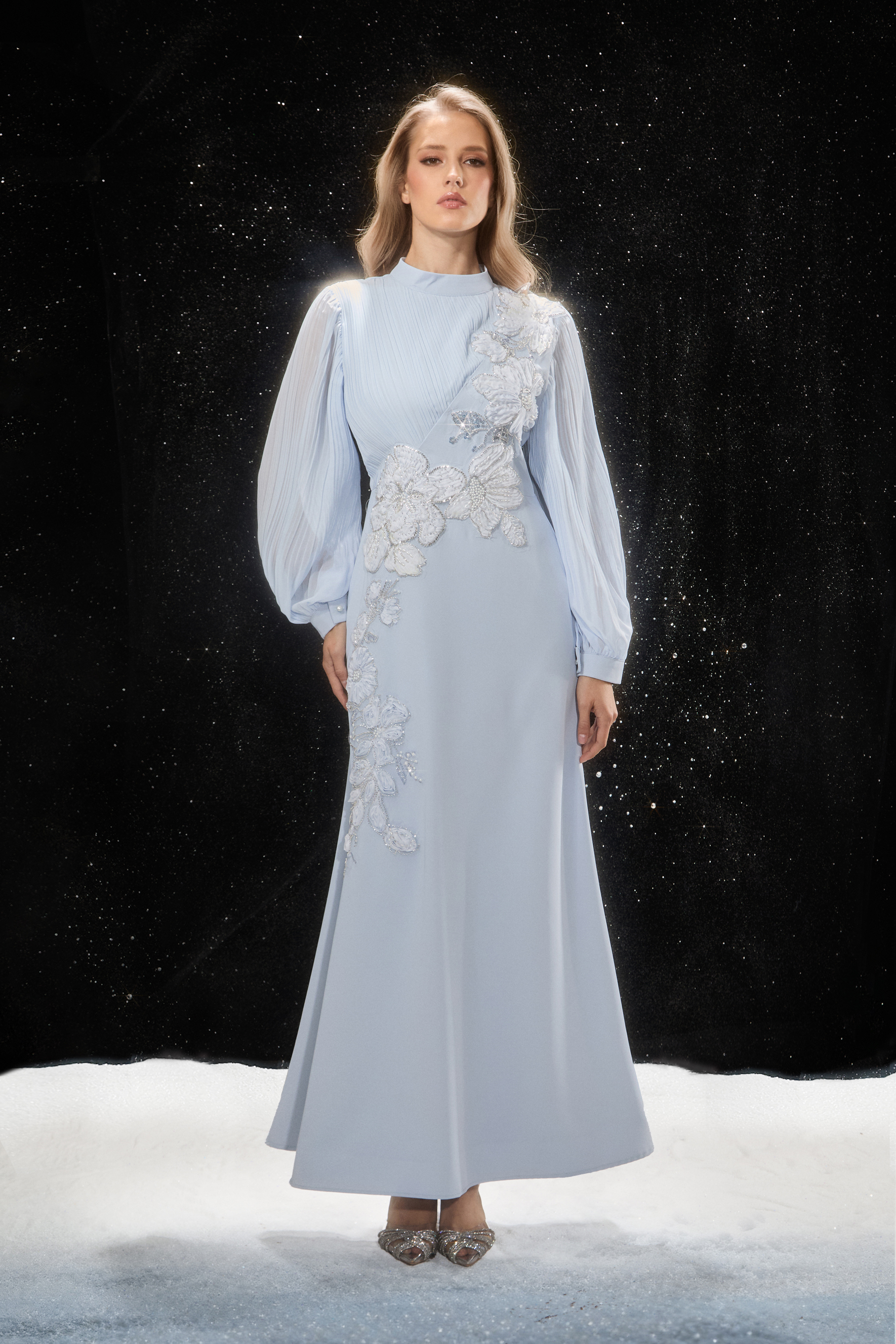 Signature Elegance Blue Floral Applique Pleated Sleeve Maxi Dress