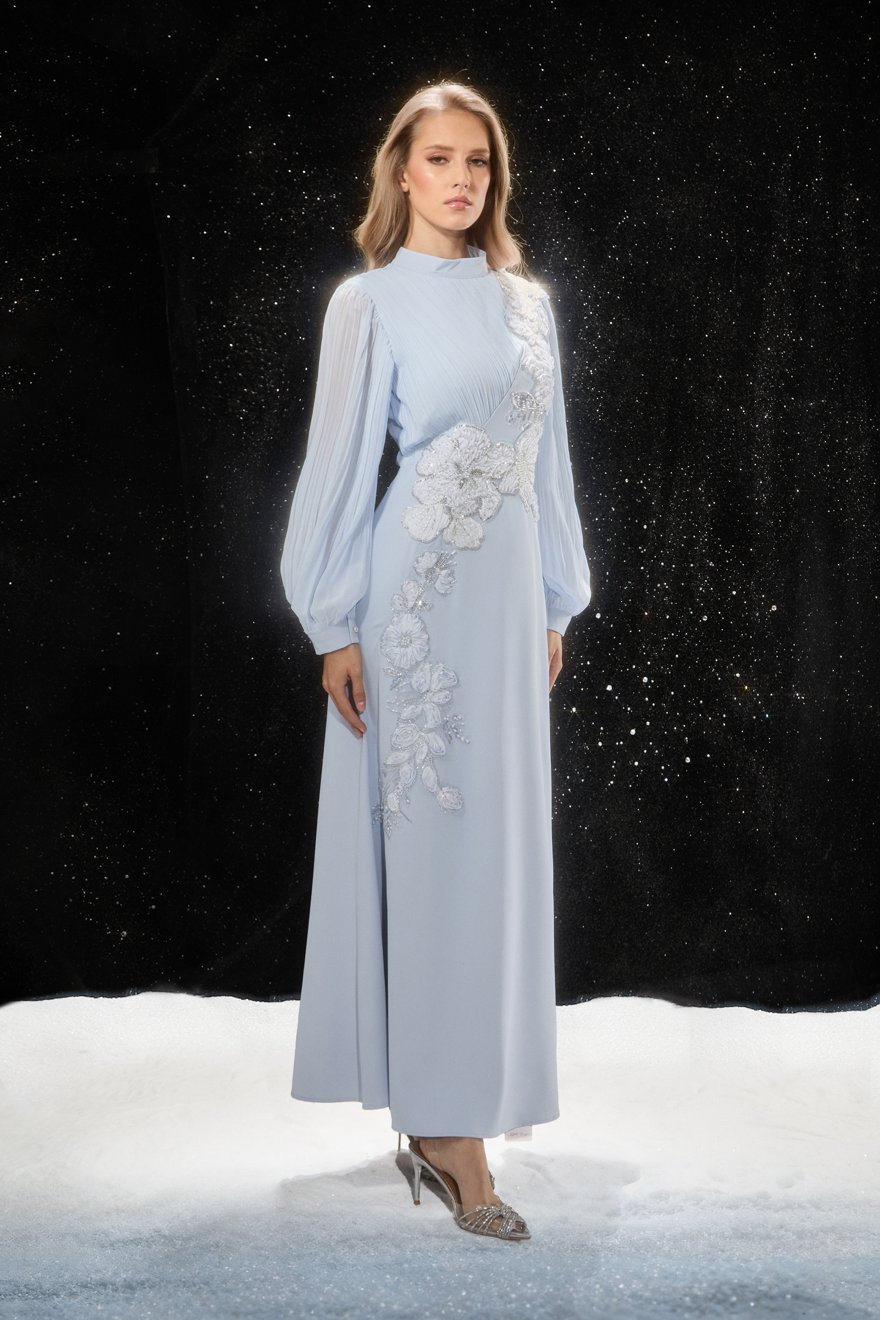 Signature Elegance Blue Floral Applique Pleated Sleeve Maxi Dress