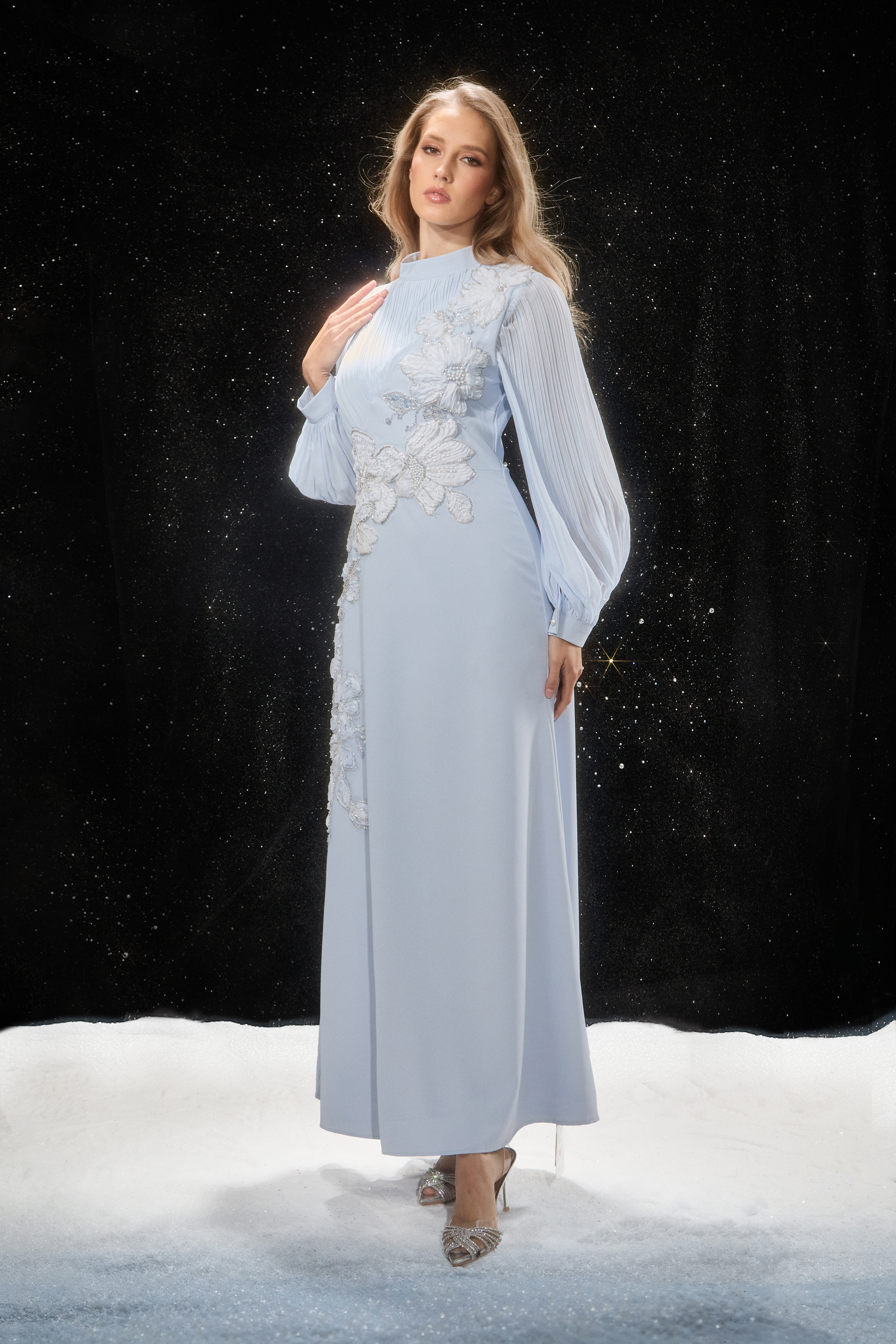 Signature Elegance Blue Floral Applique Pleated Sleeve Maxi Dress