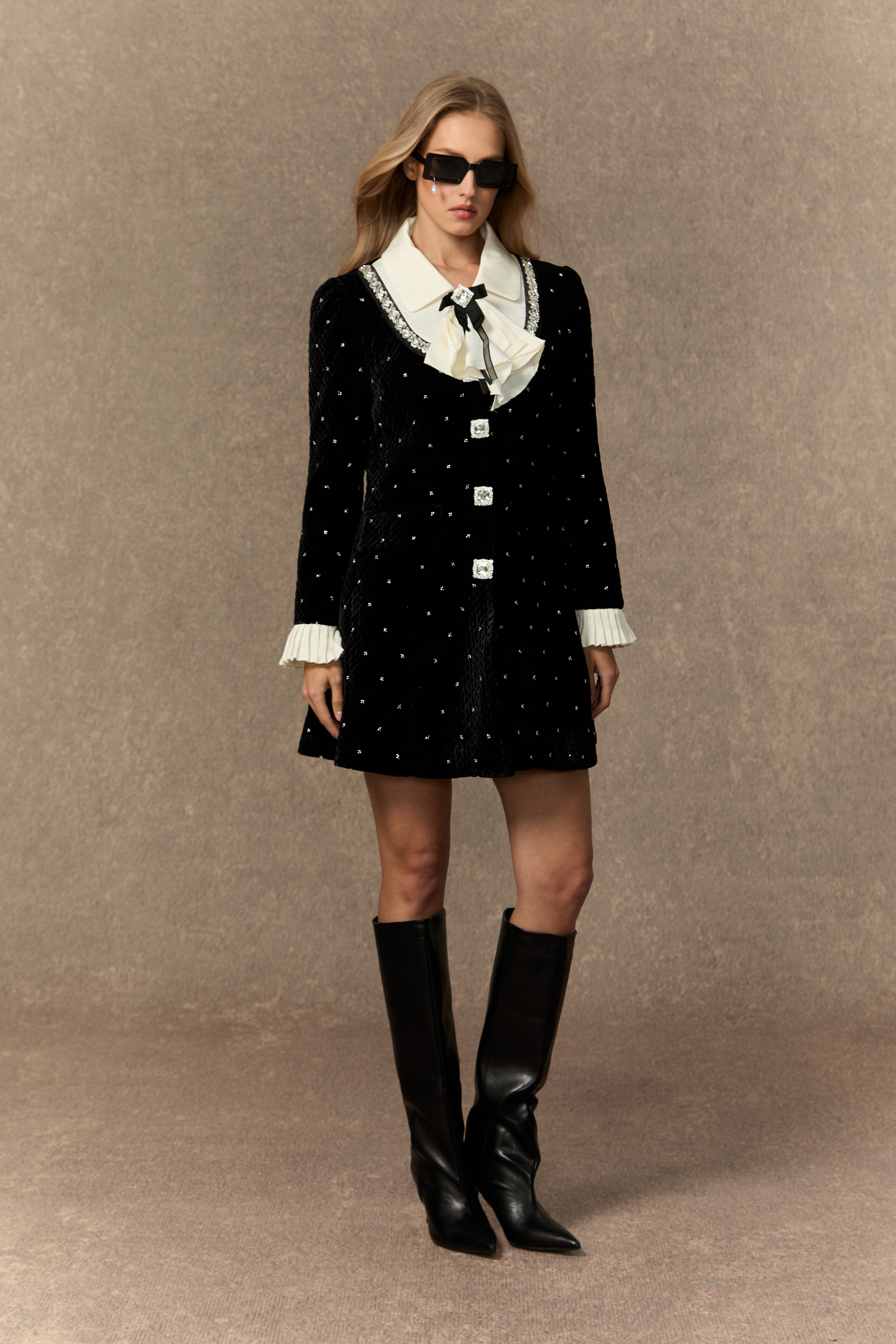 Romantic Tales Black Embellished Collar Pleated Cuff Mini Dress