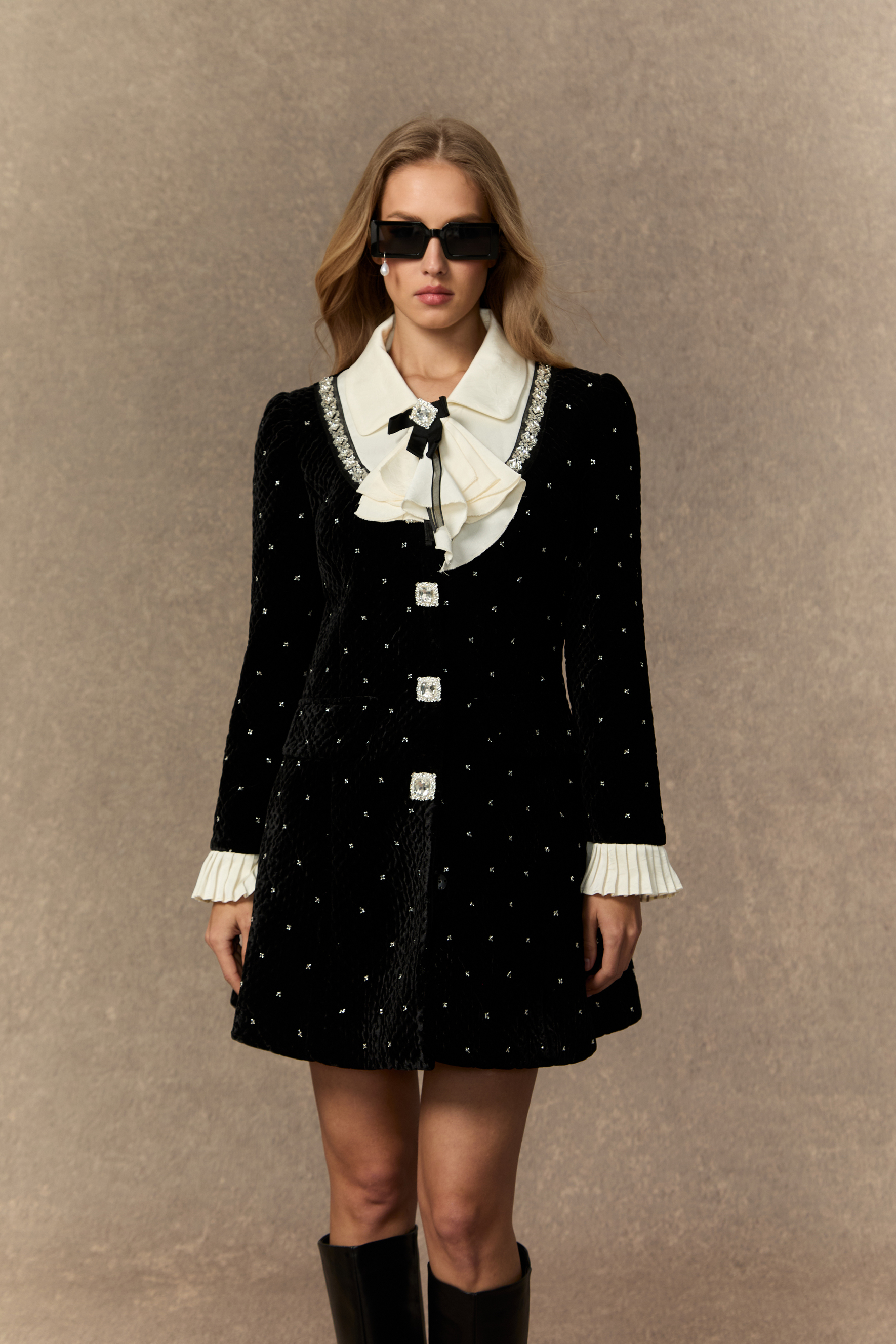 Romantic Tales Black Embellished Collar Pleated Cuff Mini Dress