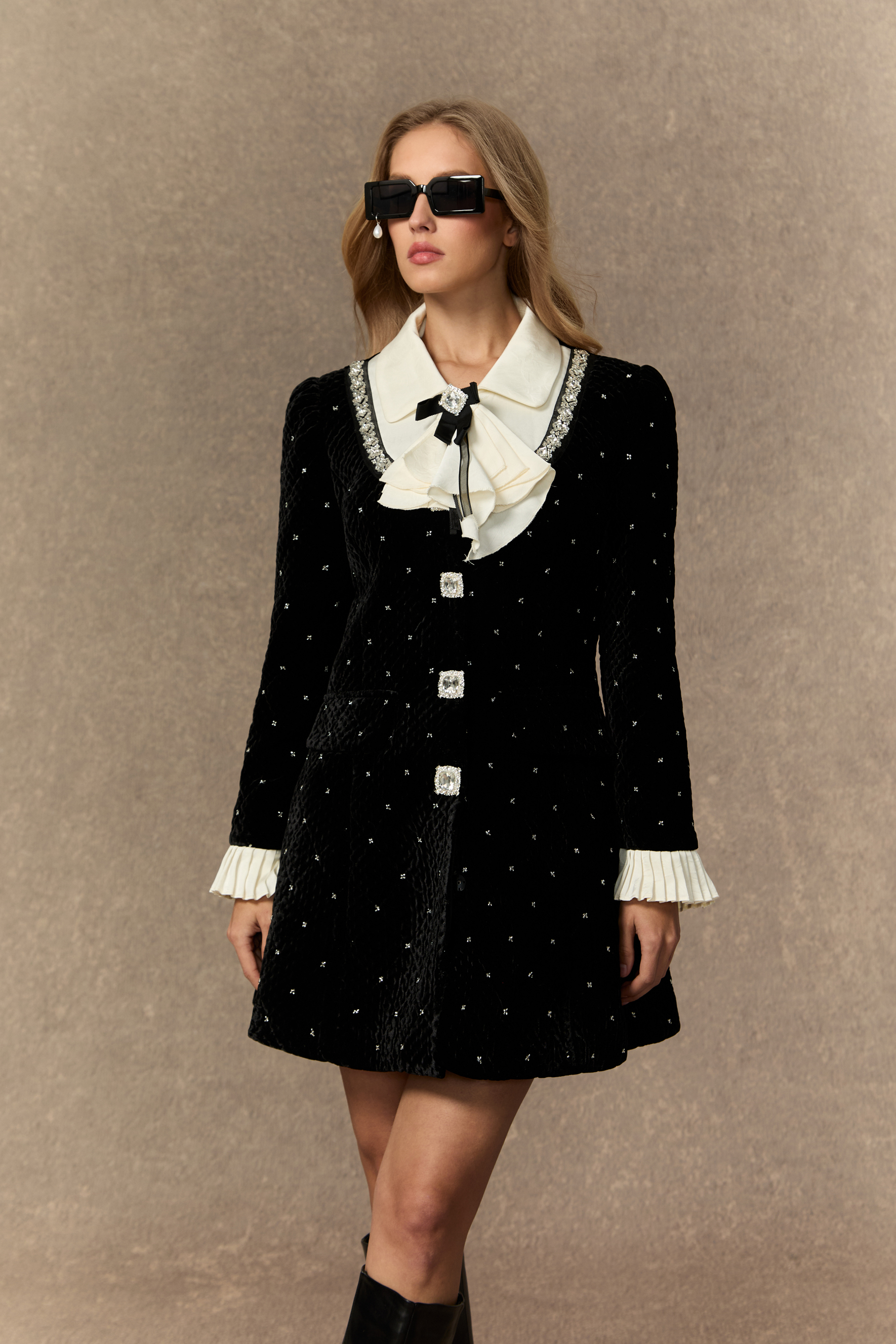 Romantic Tales Black Embellished Collar Pleated Cuff Mini Dress