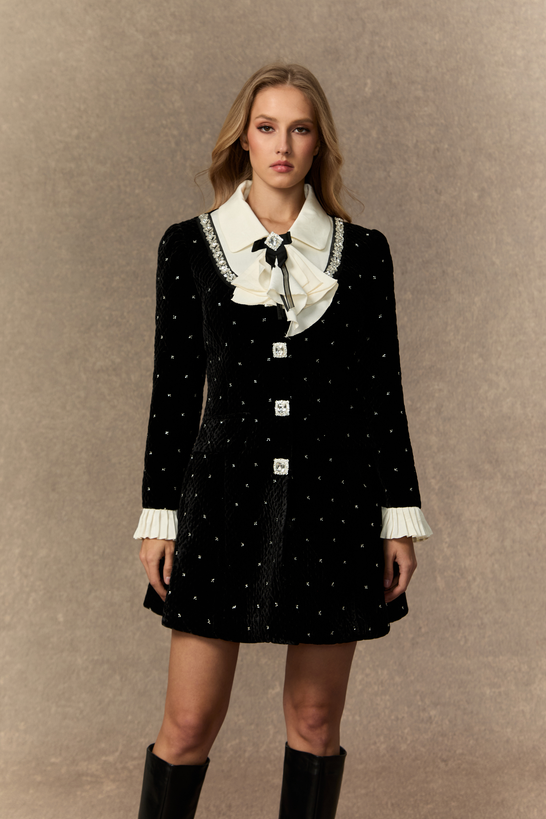 Romantic Tales Black Embellished Collar Pleated Cuff Mini Dress