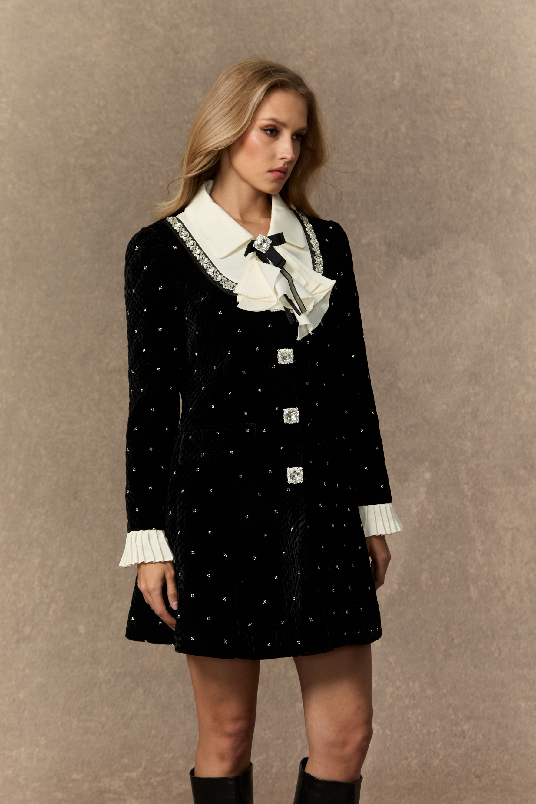 Romantic Tales Black Embellished Collar Pleated Cuff Mini Dress