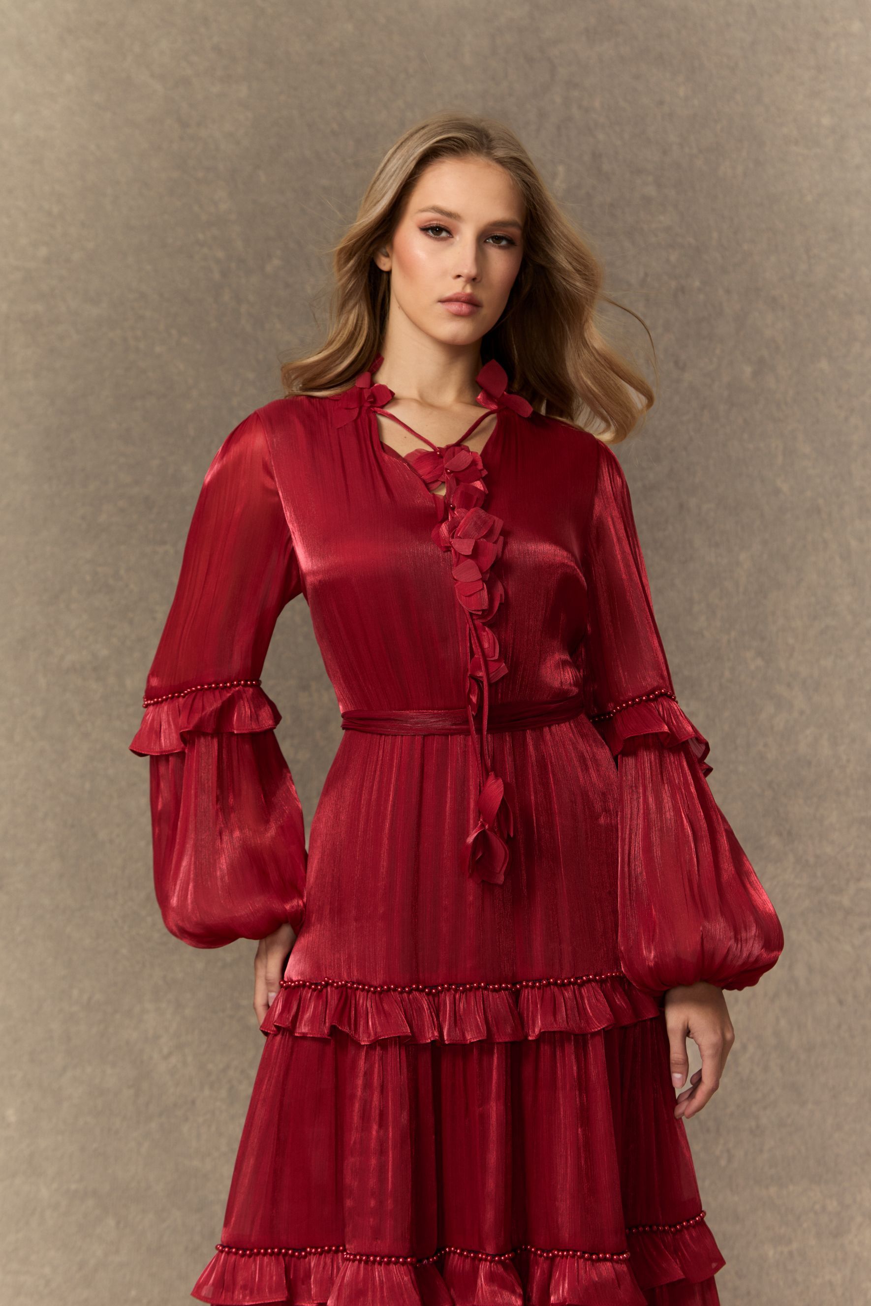 Enchant My Love Burgundy Balloon Sleeve Tiered Ruffle Maxi Dress