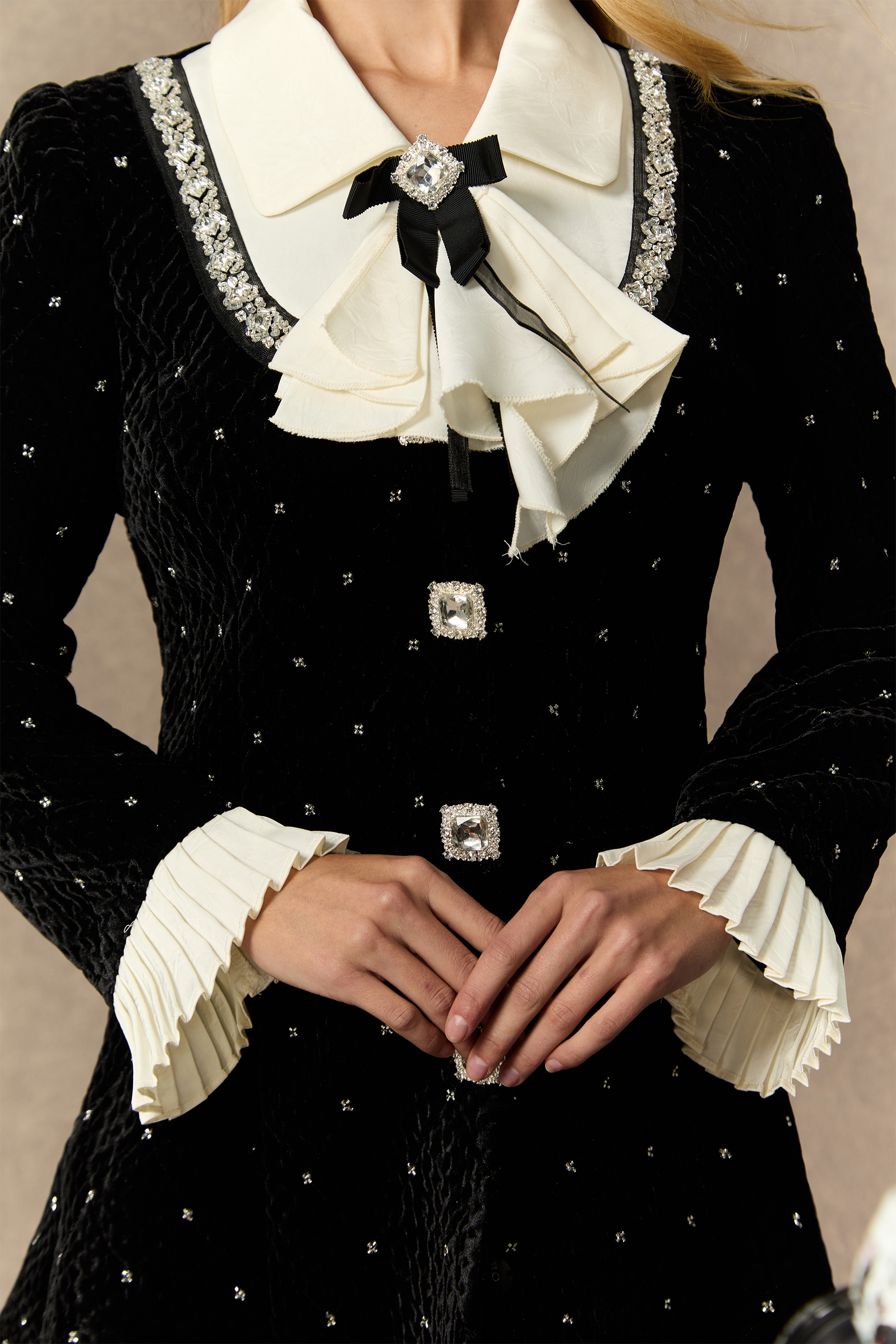 Romantic Tales Black Embellished Collar Pleated Cuff Mini Dress