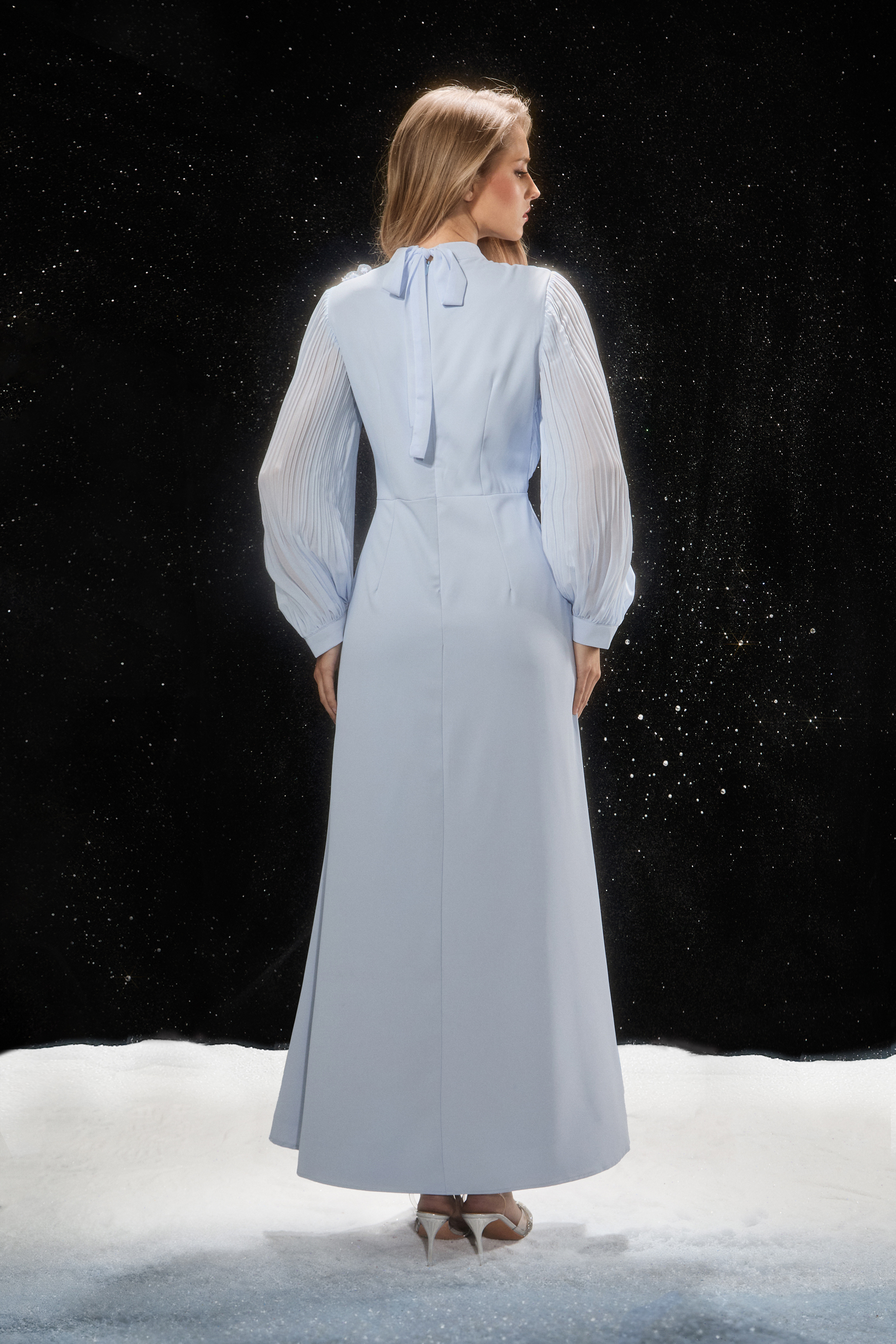 Signature Elegance Blue Floral Applique Pleated Sleeve Maxi Dress