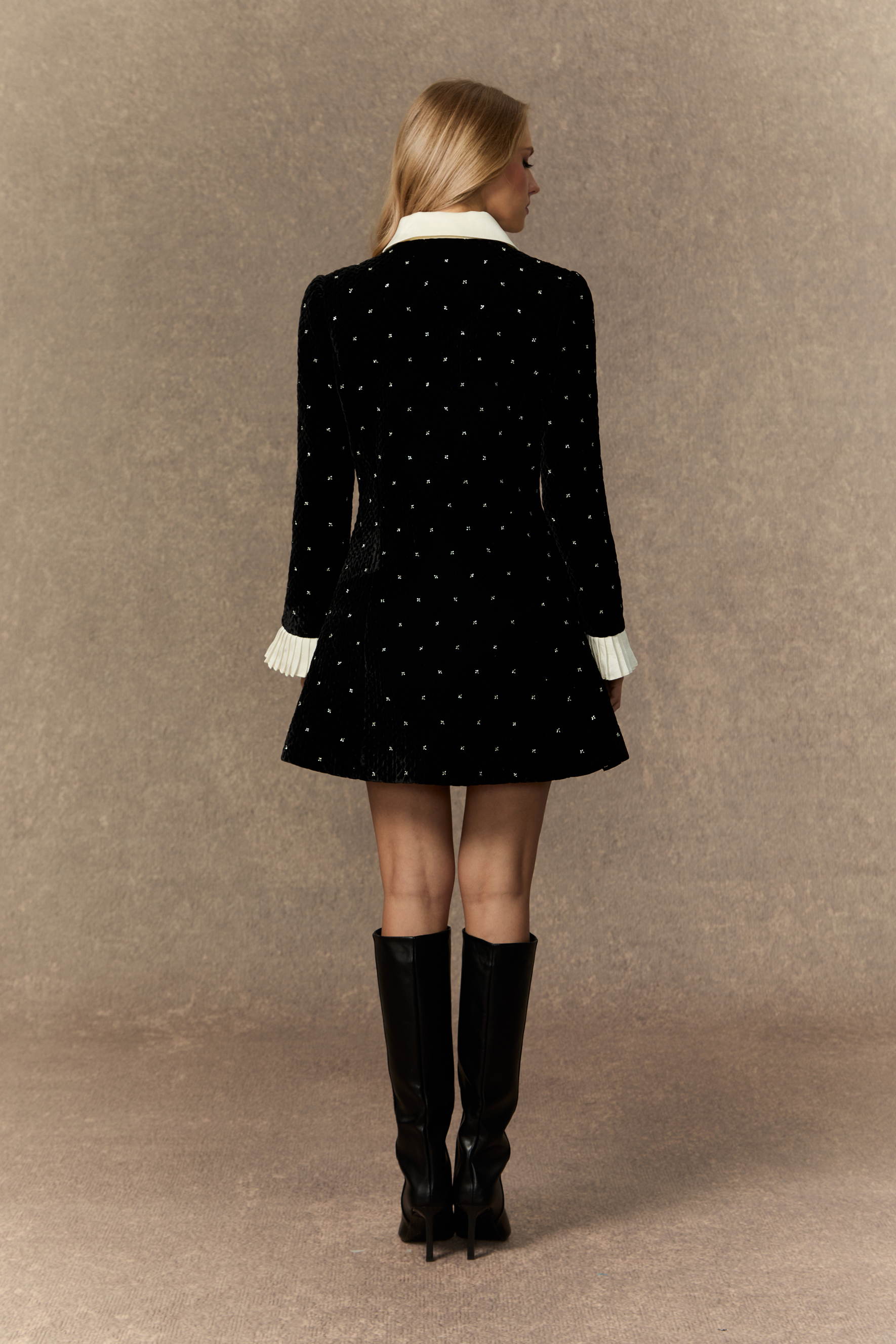 Romantic Tales Black Embellished Collar Pleated Cuff Mini Dress