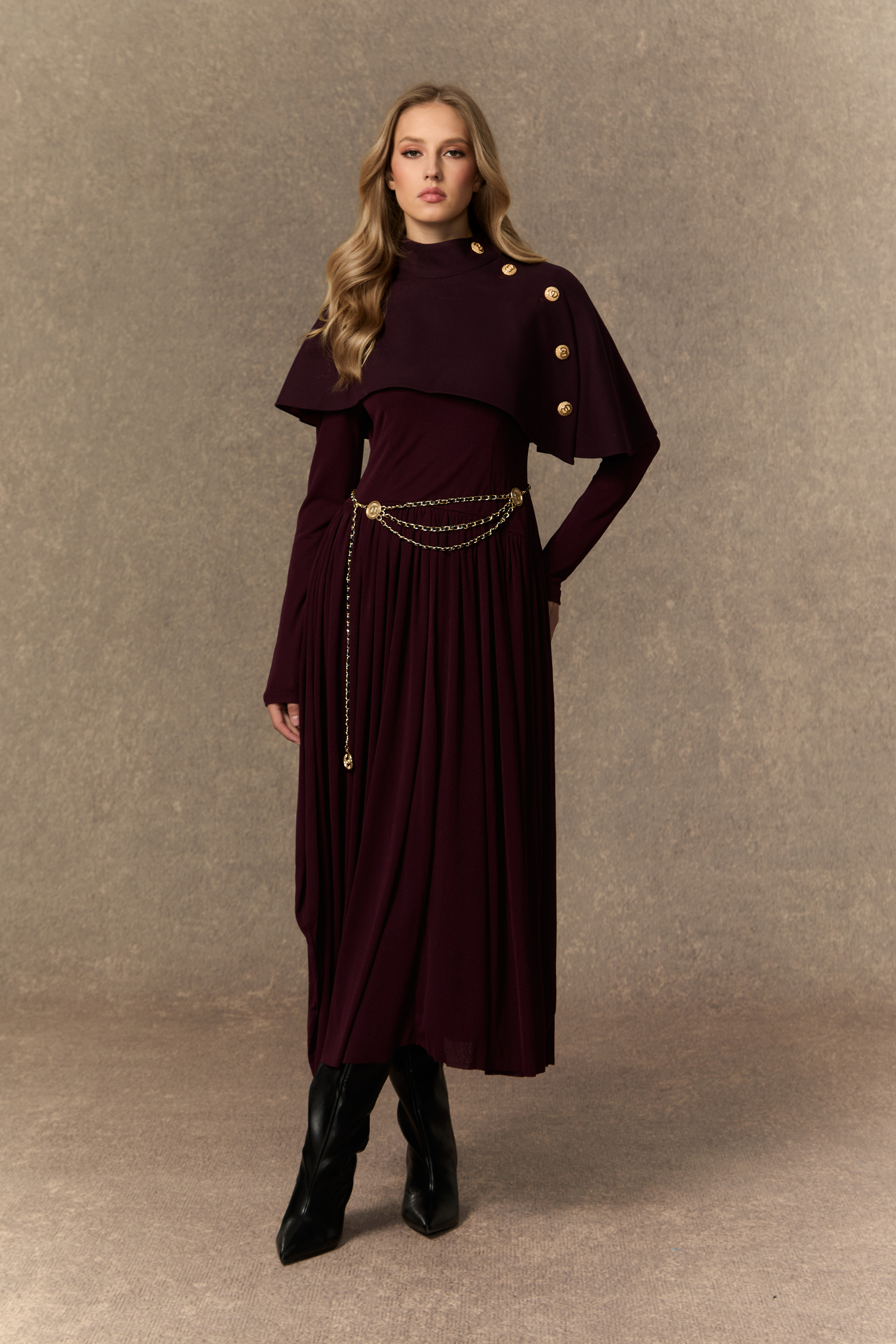 Majestic Attitude Purple Buttoned Cape & Pleated Knit Dress Set