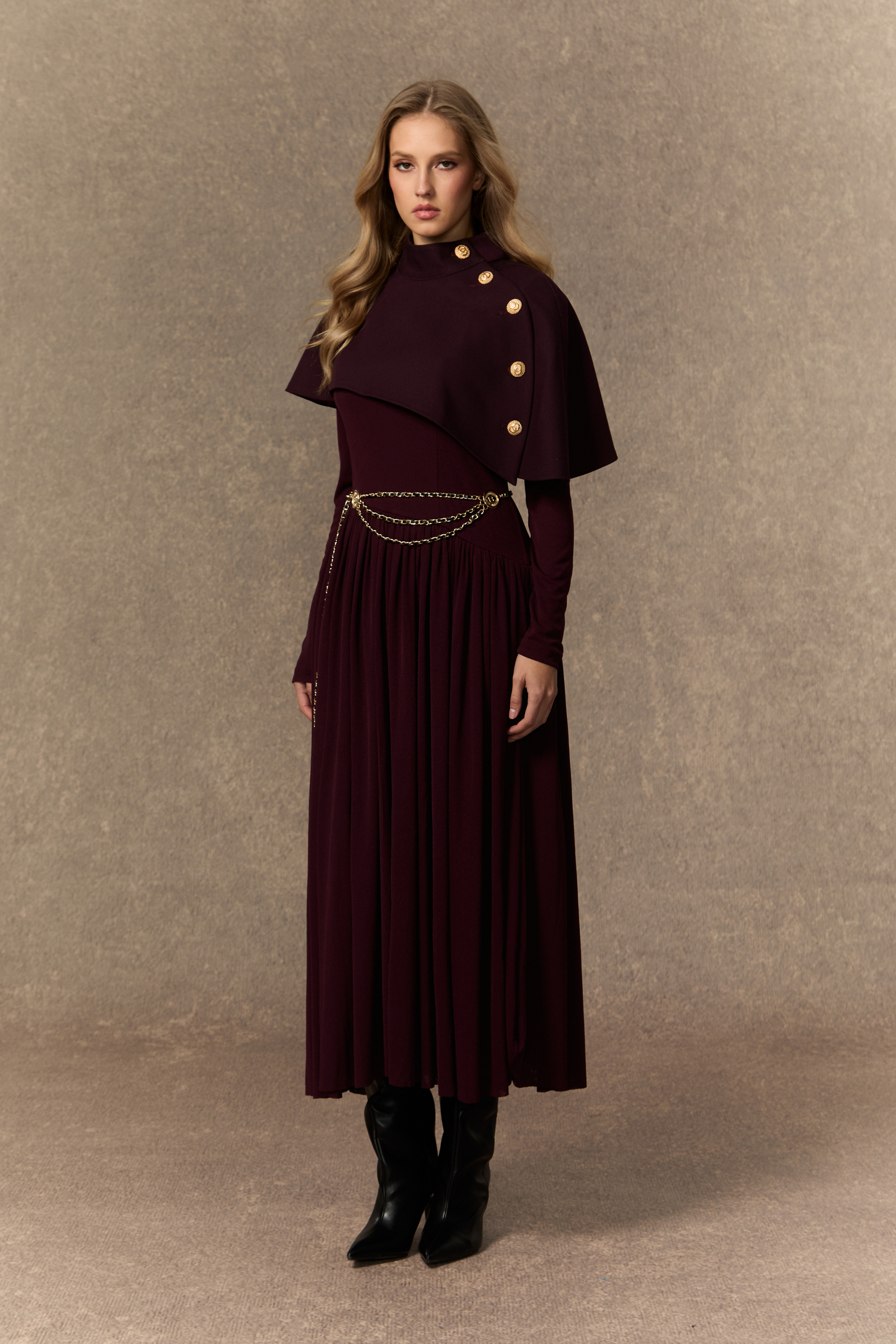 Majestic Attitude Purple Buttoned Cape & Pleated Knit Dress Set