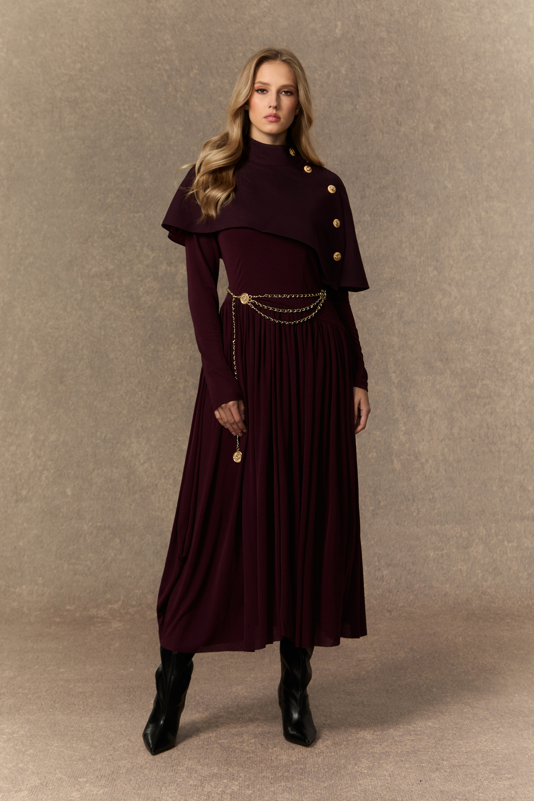 Majestic Attitude Purple Buttoned Cape & Pleated Knit Dress Set