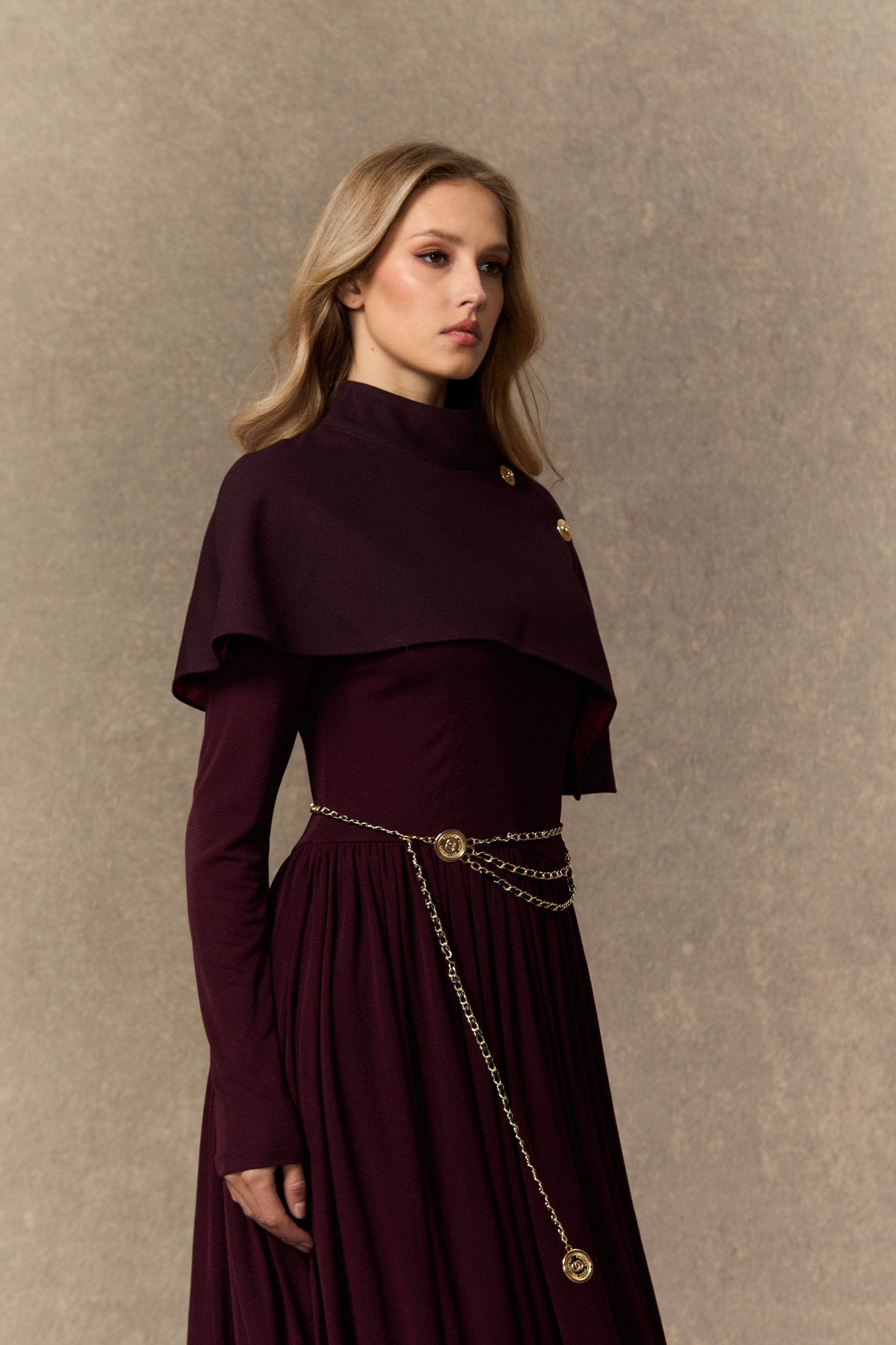 Majestic Attitude Purple Buttoned Cape & Pleated Knit Dress Set