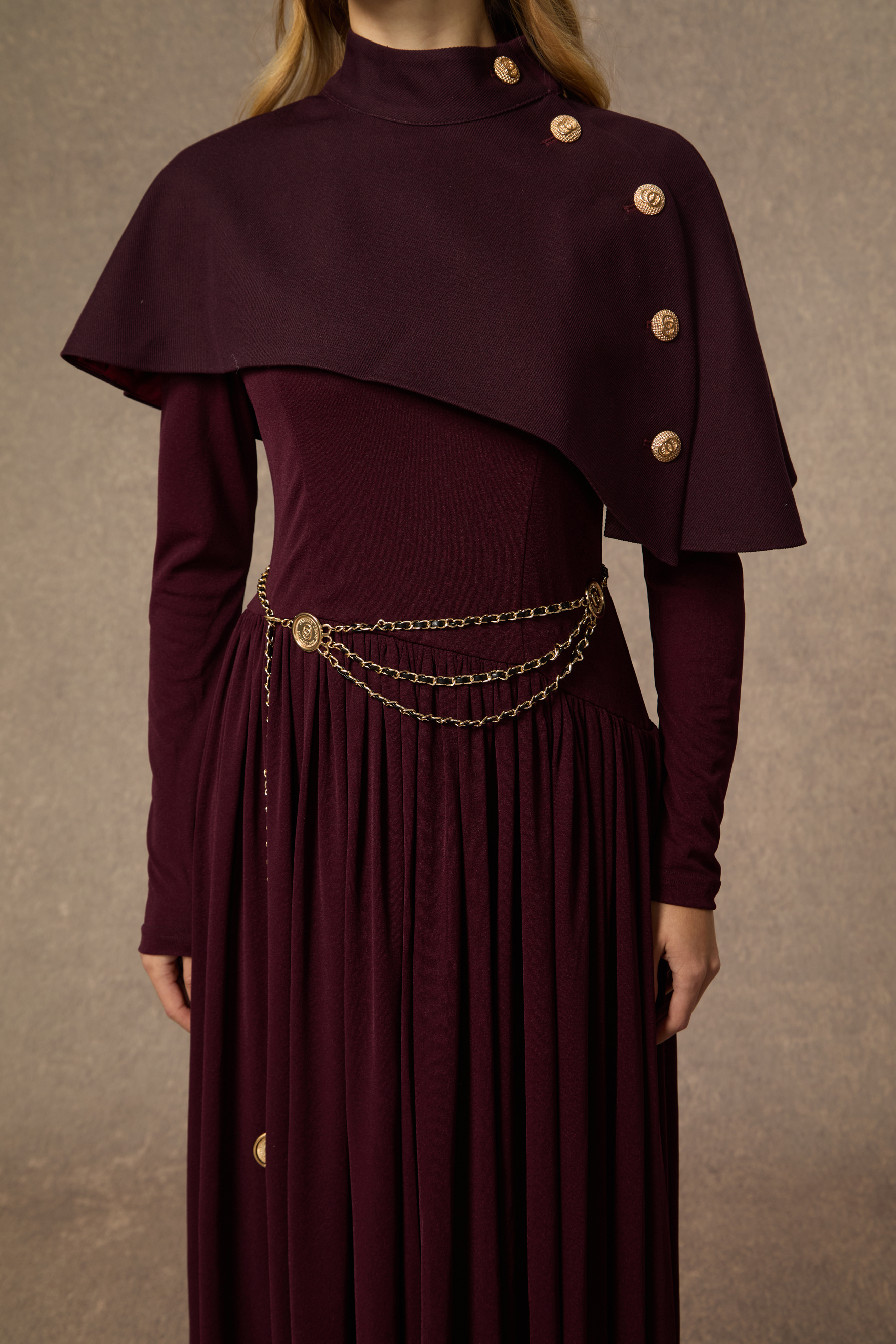 Majestic Attitude Purple Buttoned Cape & Pleated Knit Dress Set