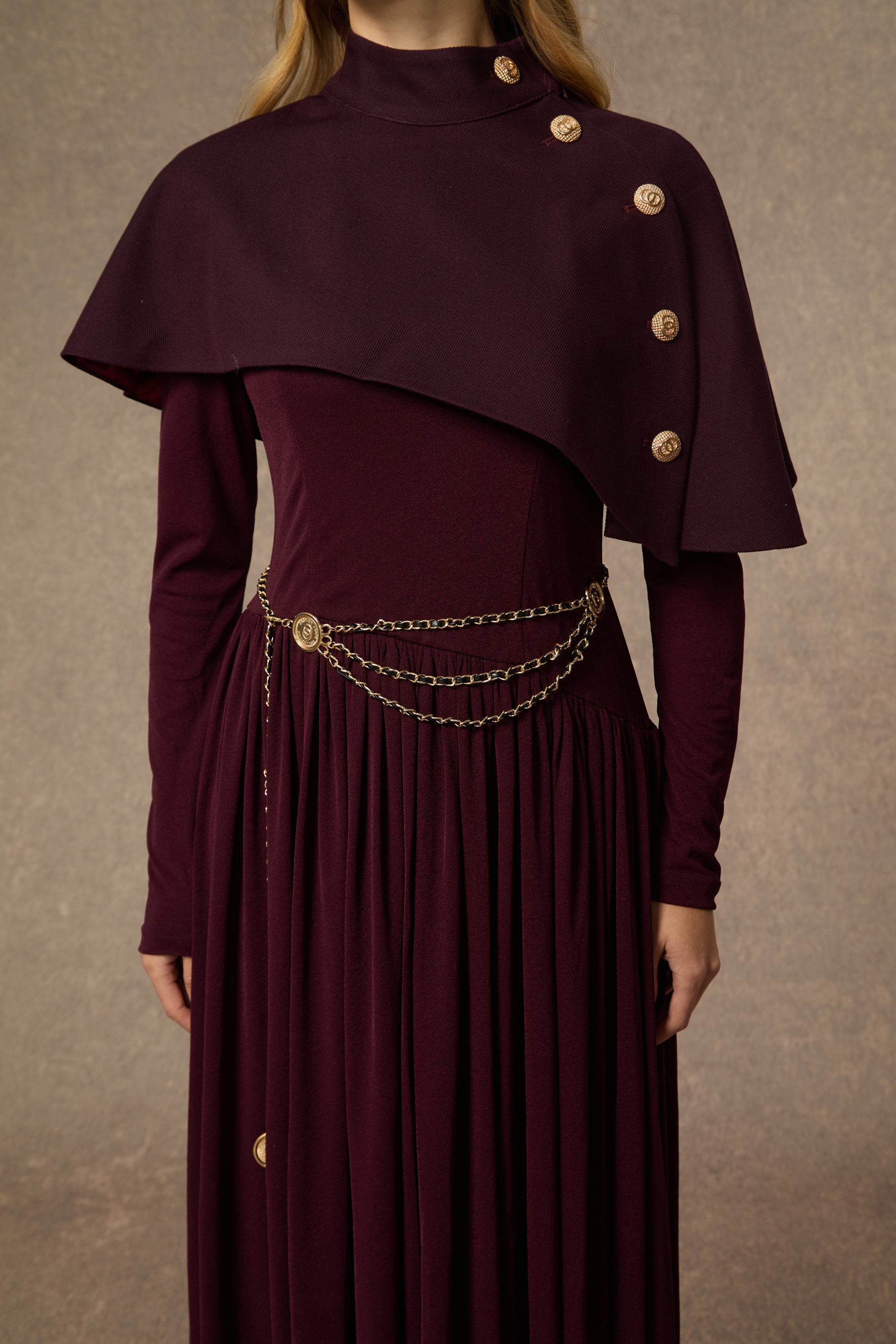 Majestic Attitude Purple Buttoned Cape & Pleated Knit Dress Set