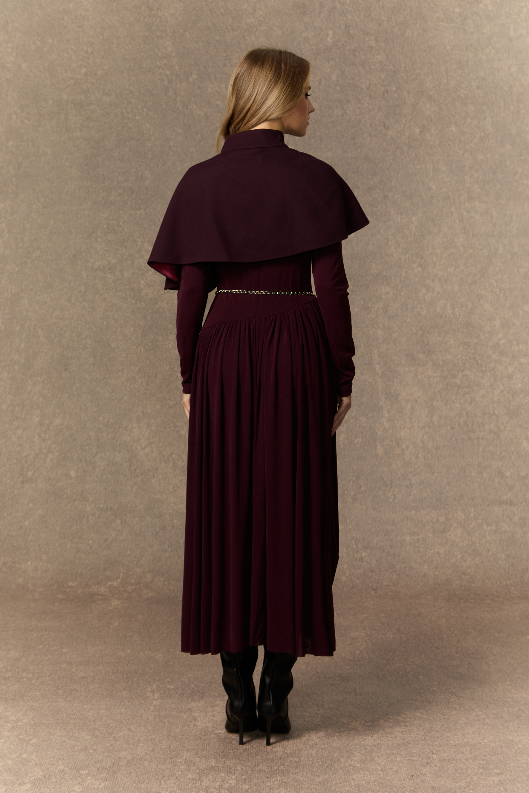 Majestic Attitude Purple Buttoned Cape & Pleated Knit Dress Set