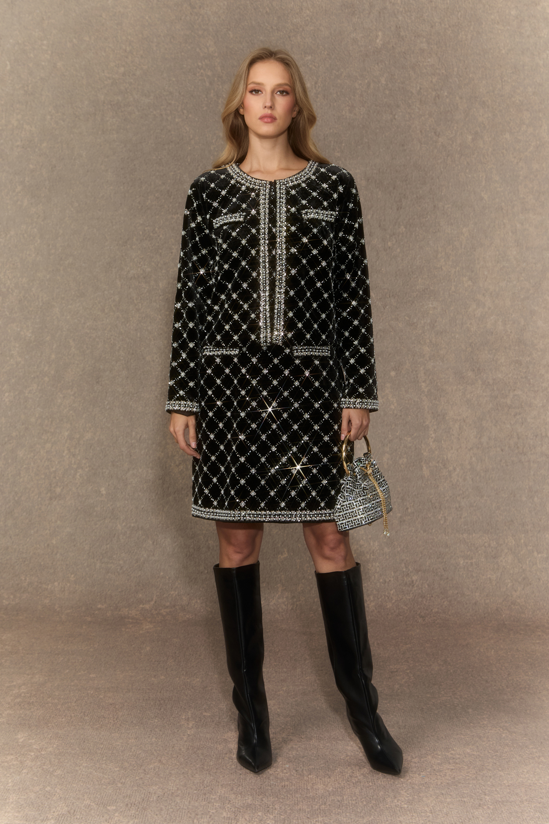 Graceful Finesse Black Beaded Embellished Grid Jacket