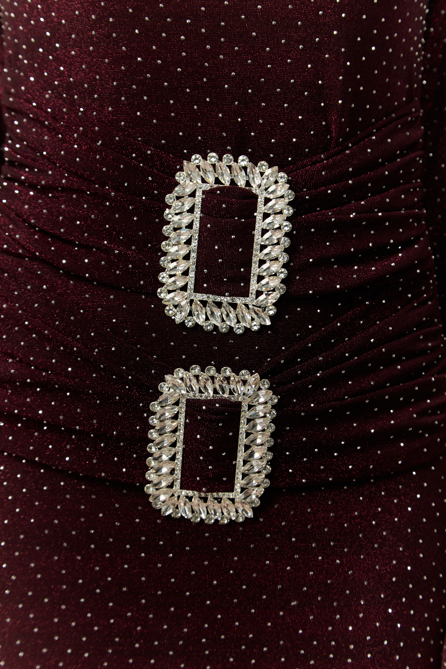 Forever Sensational Burgundy Crystal Buckle Maxi Dress