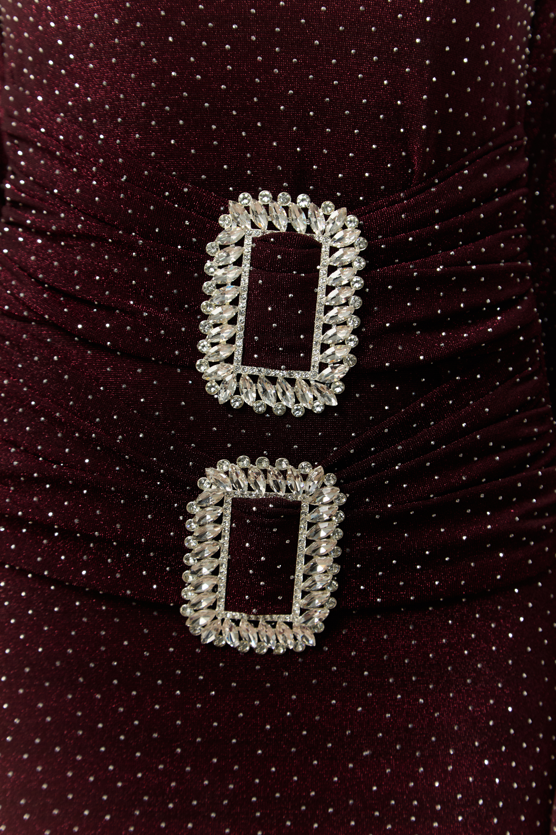 Forever Sensational Burgundy Crystal Buckle Maxi Dress