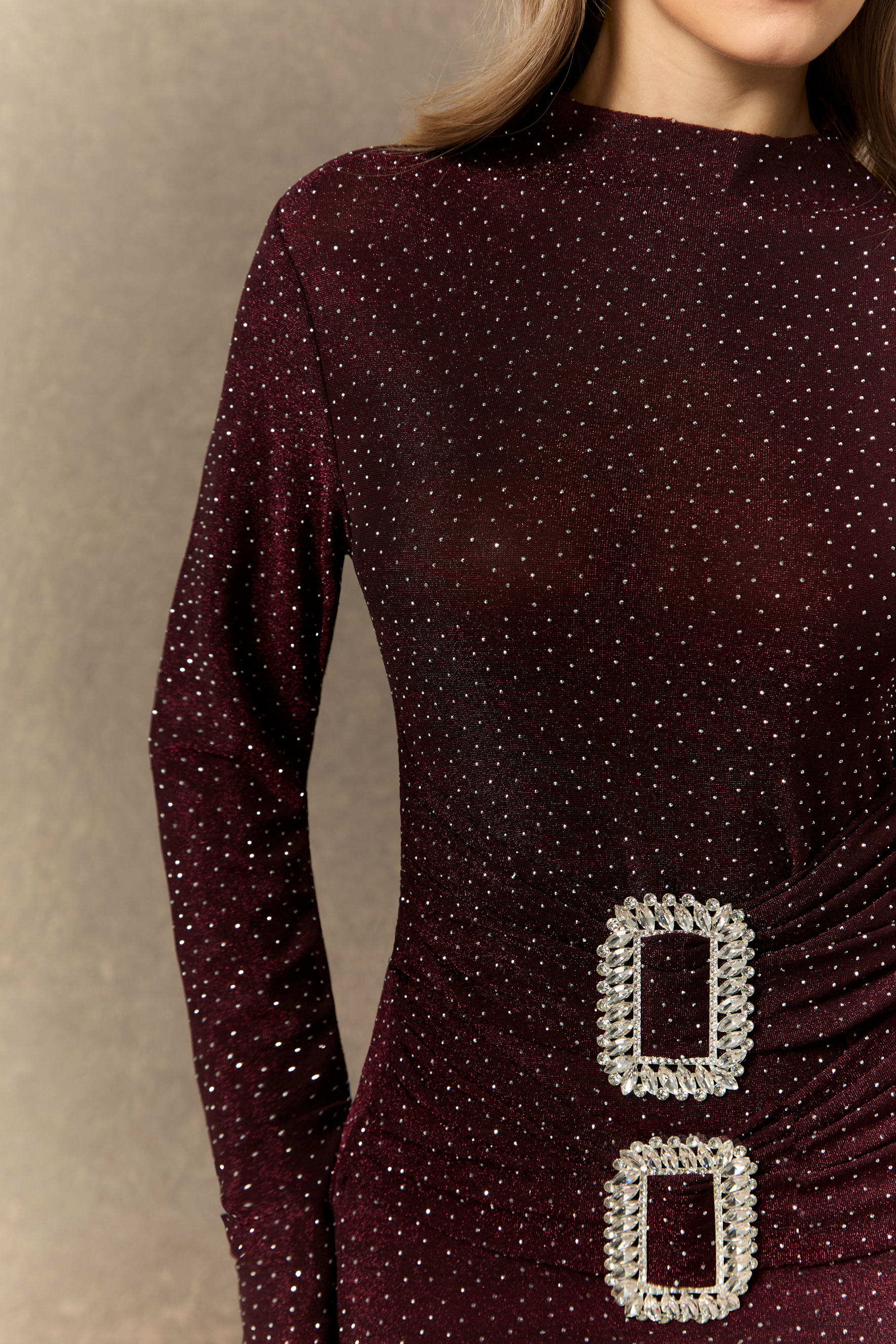 Forever Sensational Burgundy Crystal Buckle Maxi Dress